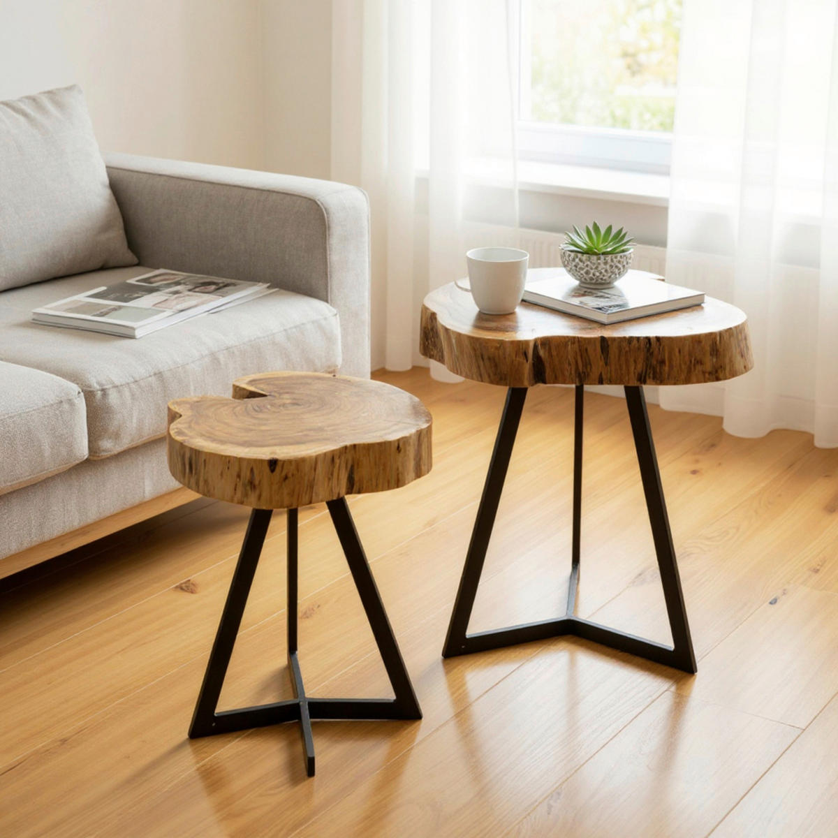 BEISTELLTISCH 50/50/45 cm Akazie massiv Schwarz, Akaziefarben rund  - Schwarz/Akaziefarben, Trend, Holz (50/50/45cm)