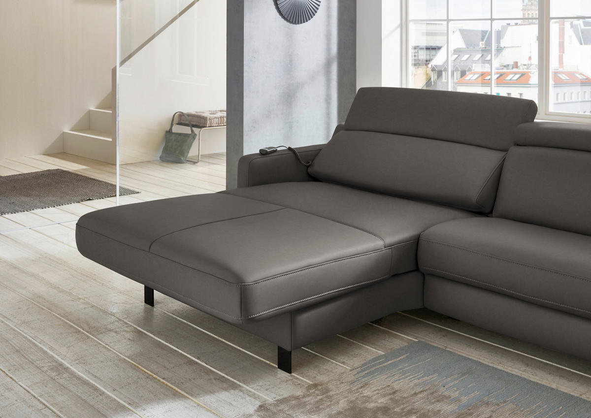 ECKSOFA in Echtleder Graubraun  - Graubraun/Schwarz, Design, Leder/Metall (176/291cm) - Valdera