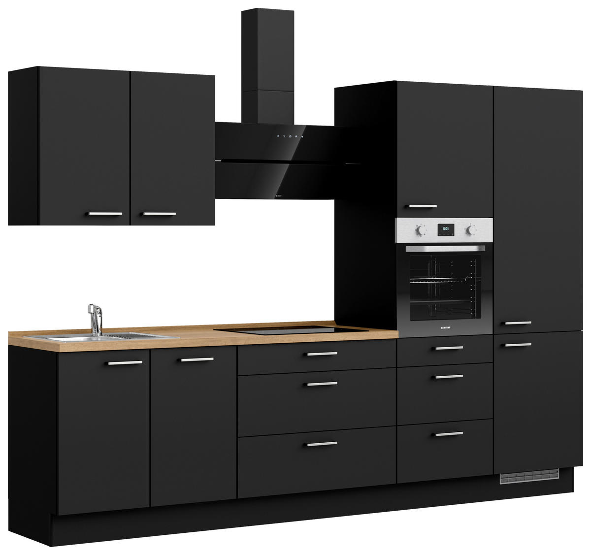 KÜCHENBLOCK 300 cm   in Schwarz, Eichefarben  - Edelstahlfarben/Eichefarben, MODERN, Holzwerkstoff/Metall (300cm) - Nobilia