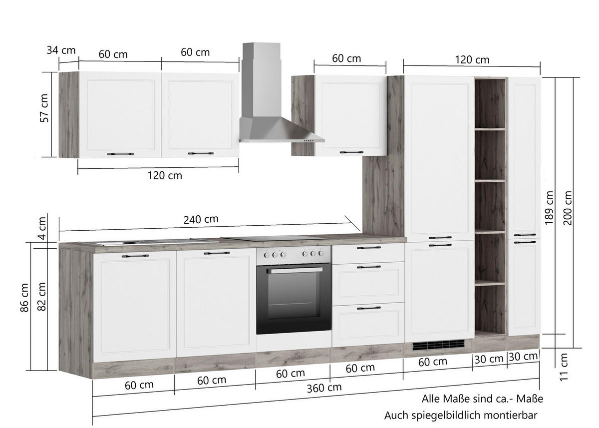 KÜCHENBLOCK 360 cm   in Weiss, Eiche Wotan  - Weiss/Eiche Wotan, Lifestyle, Holzwerkstoff/Metall (360cm) - Held