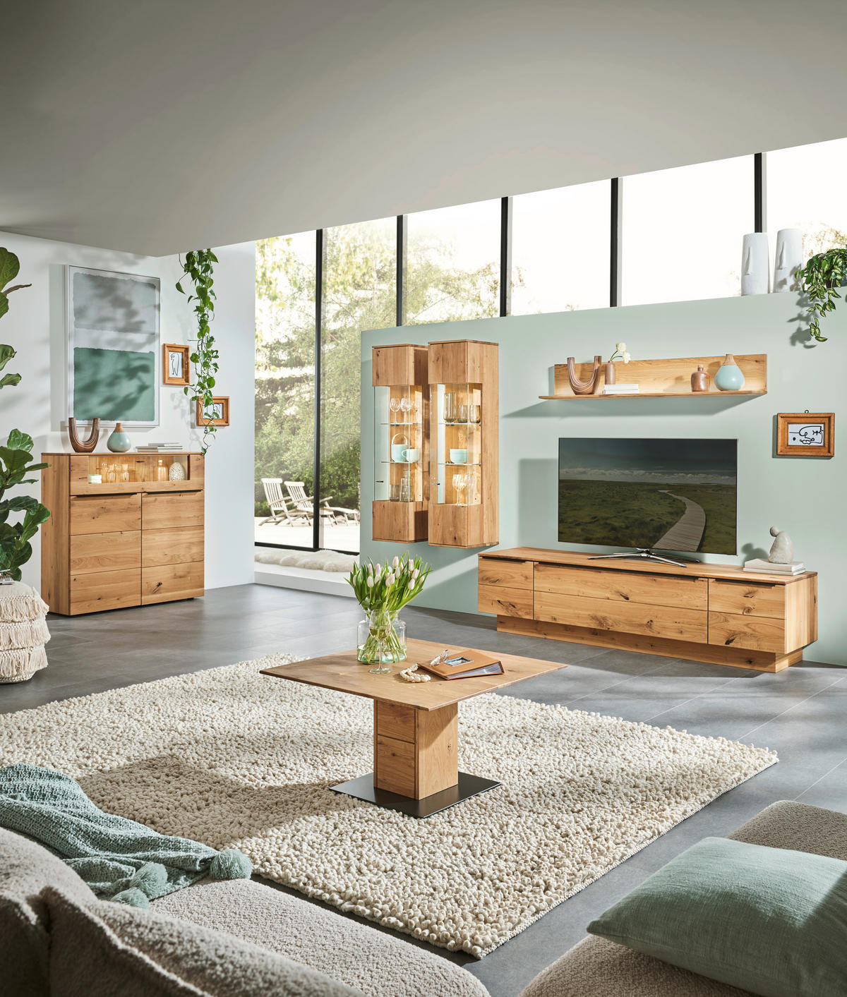 WOHNWAND  in Eichefarben  320/200,8/53,7 cm  - Eichefarben/Schwarz, Natur, Glas/Holz (320/200,8/53,7cm) - Valnatura