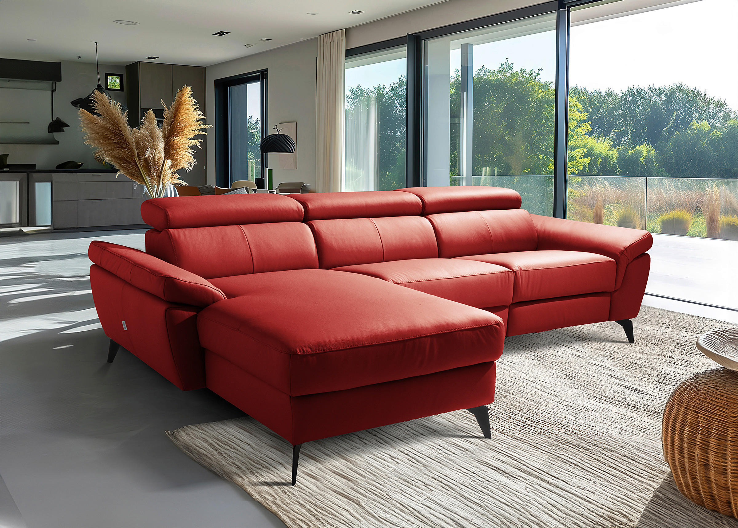 ECKSOFA Rot Echtleder Lederlook Rücken echt, Armteilverstellung, Relaxfunktion, Kopfteilverstellung  - Rot/Schwarz, Design, Leder/Textil (179/252cm) - Livetastic