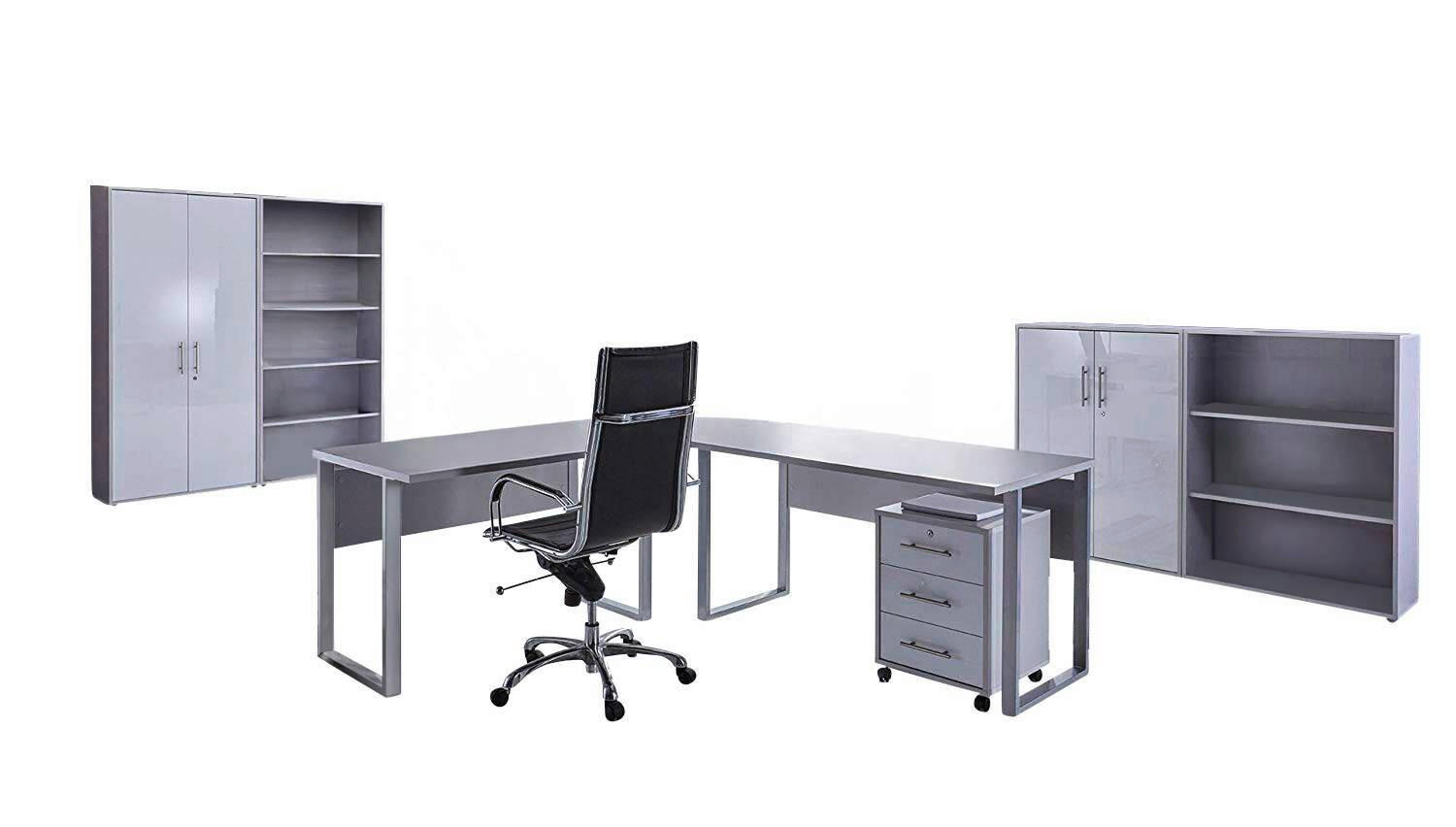 BÜRO erweiterbar, in verschiedenen Holz-Dekoren erhältlich, Schreibtisch seitenverkehrt montierbar, abschließbar Grau, Weiß Hochglanz - Weiß Hochglanz/Grau, MODERN - MID.YOU