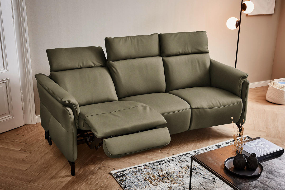 TRAPEZSOFA in Echtleder Olivgrün  - Schwarz/Olivgrün, KONVENTIONELL, Leder/Metall (221/103/95cm) - Dieter Knoll