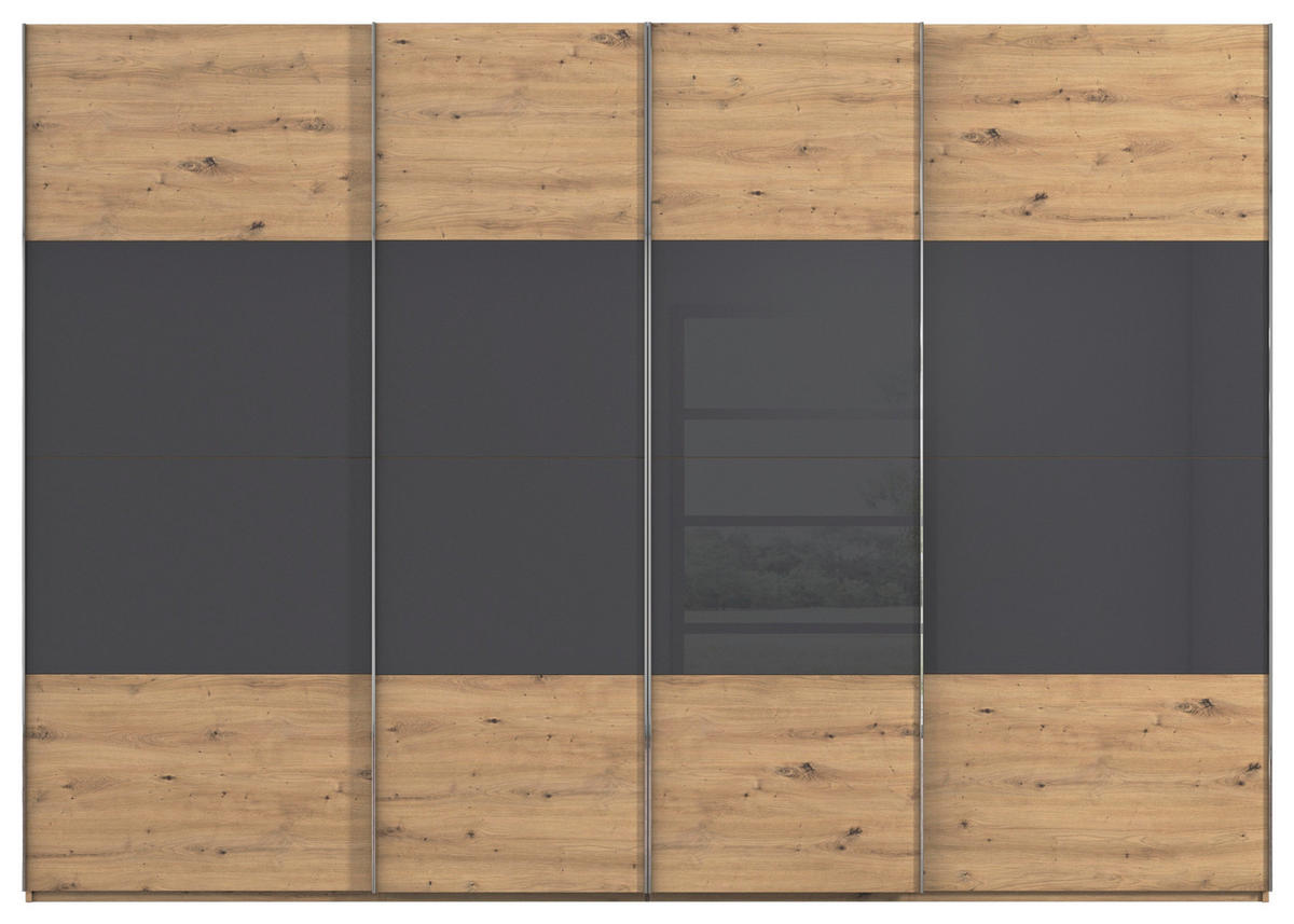 SCHWEBETÜRENSCHRANK 316/223/68 cm 4-türig Schwarz, Eiche Artisan  - Chromfarben/Schwarz, KONVENTIONELL, Glas/Holzwerkstoff (316/223/68cm) - Novel