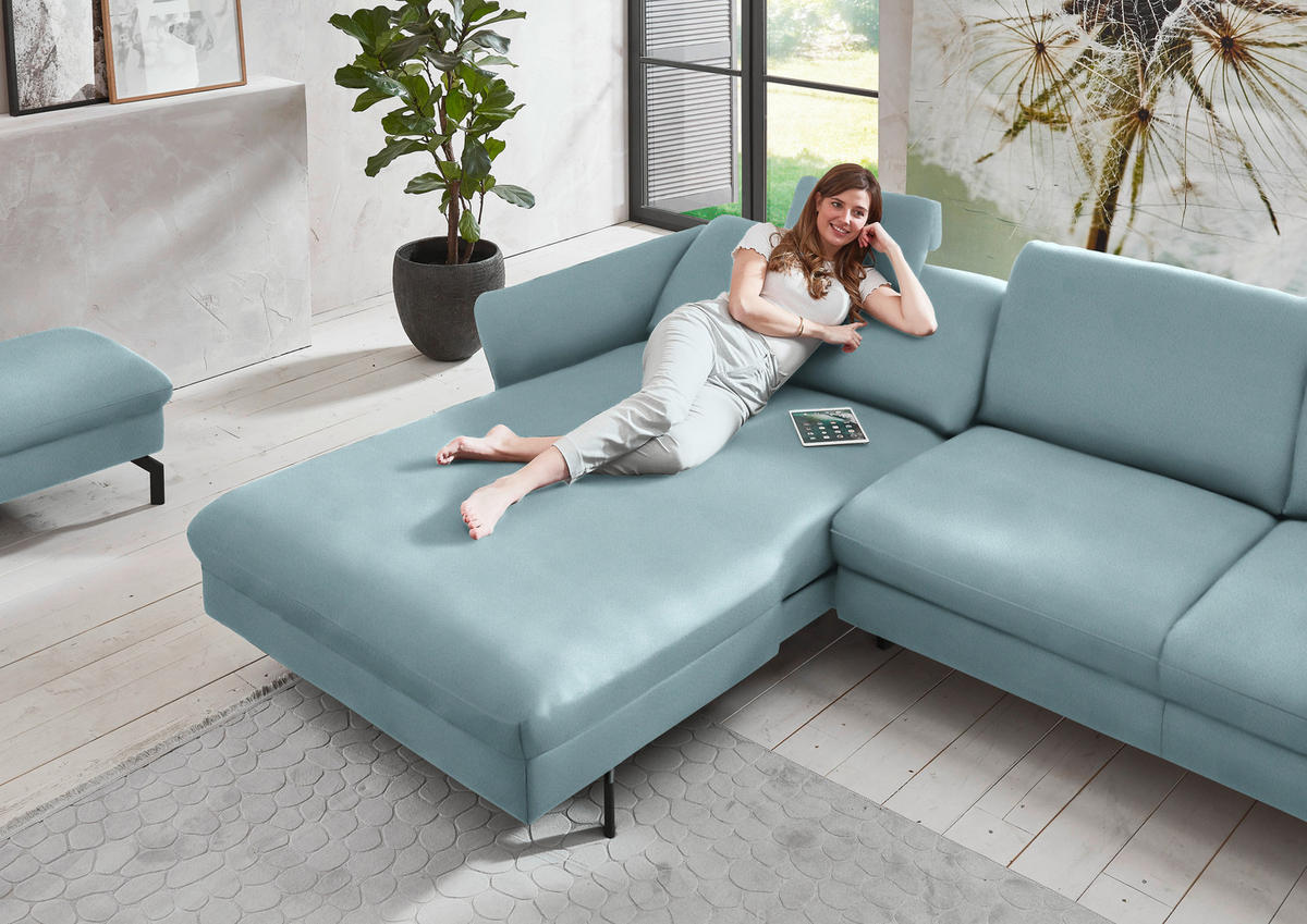 ECKSOFA in Velours Hellblau  - Schwarz/Hellblau, Design, Textil/Metall (179/306cm) - Beldomo System