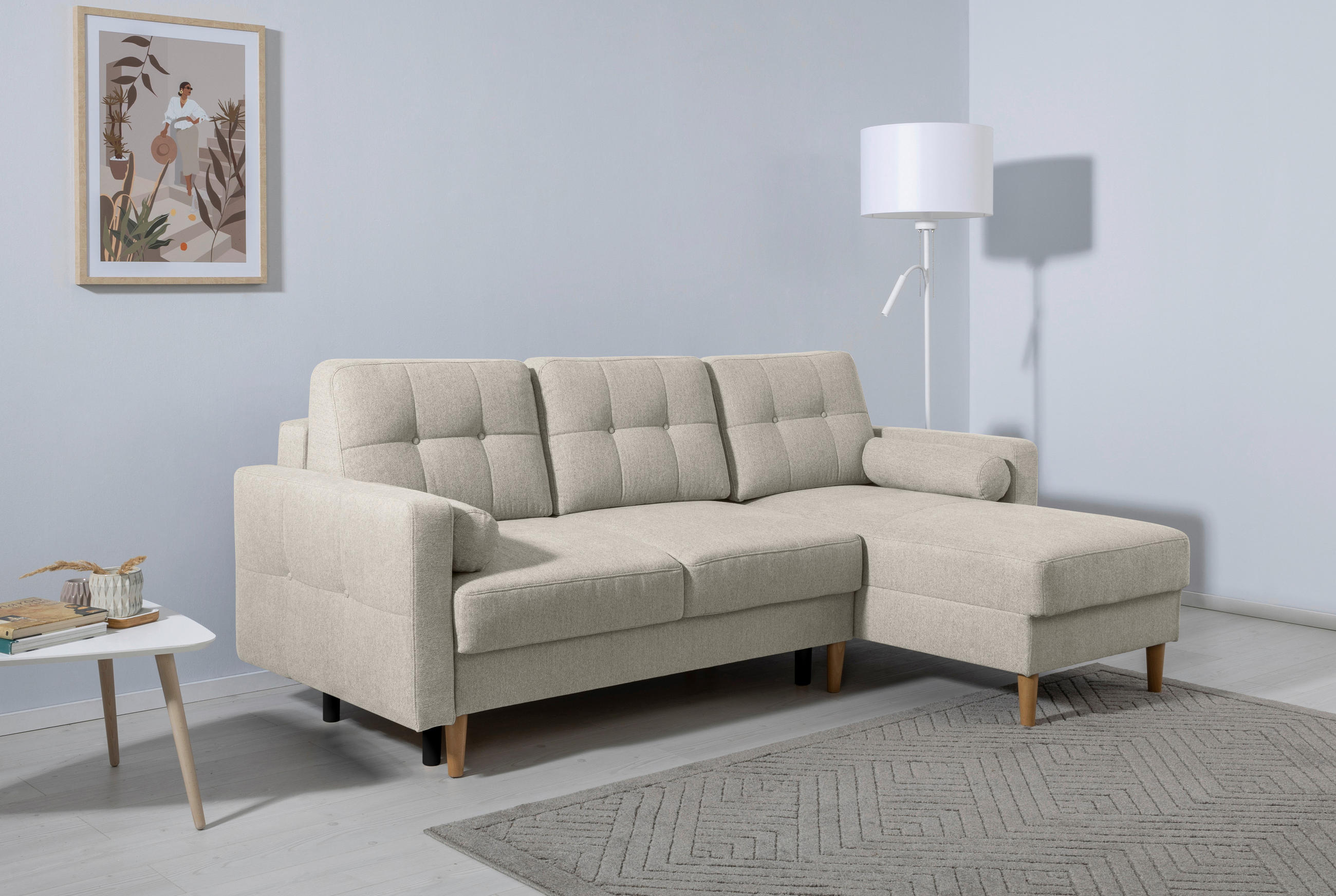 ECKSOFA Noret Beige Rückenkissen, Armlehnenkissen, Bettkasten, Schlaffunktion  - Beige/Buchefarben, Design, Holz/Textil (223/157cm) - MID.YOU