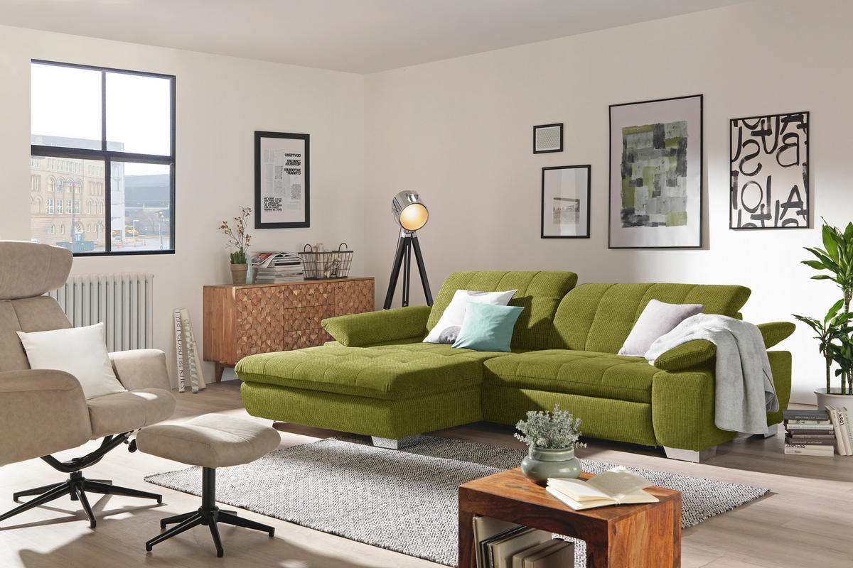 ECKSOFA in Mikrofaser Hellgrün  - Chromfarben/Hellgrün, Design, Textil/Metall (180/265cm) - Carryhome