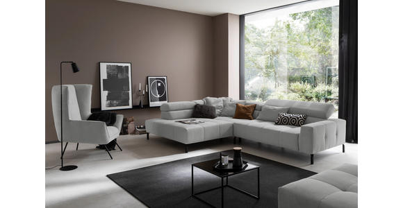 ECKSOFA Grau Feincord Rücken echt, Kopfteilverstellung, Sitzvorzug  - Schwarz/Grau, KONVENTIONELL, Textil/Metall (219/311cm) - Hom`in