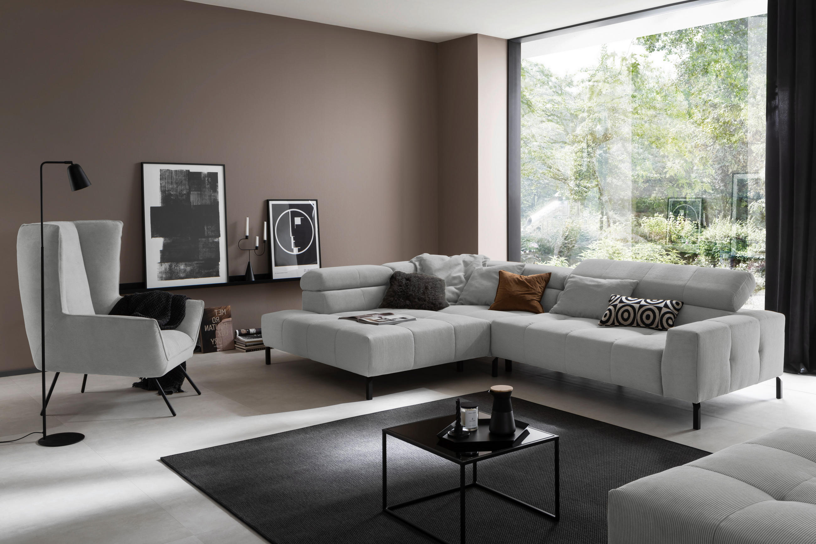 ECKSOFA in Feincord Grau  - Schwarz/Grau, Konventionell, Textil/Metall (219/311cm) - Hom`in