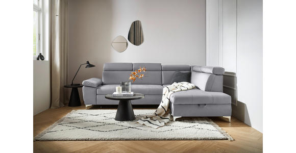 ECKSOFA Silberfarben Mikrofaser  inkl. Bettkasten, Schlaffunktion, Rücken echt, Kopfteilverstellung, Liegefläche im Originalstoff  - Chromfarben/Silberfarben, KONVENTIONELL, Textil/Metall (271/206cm) - Carryhome