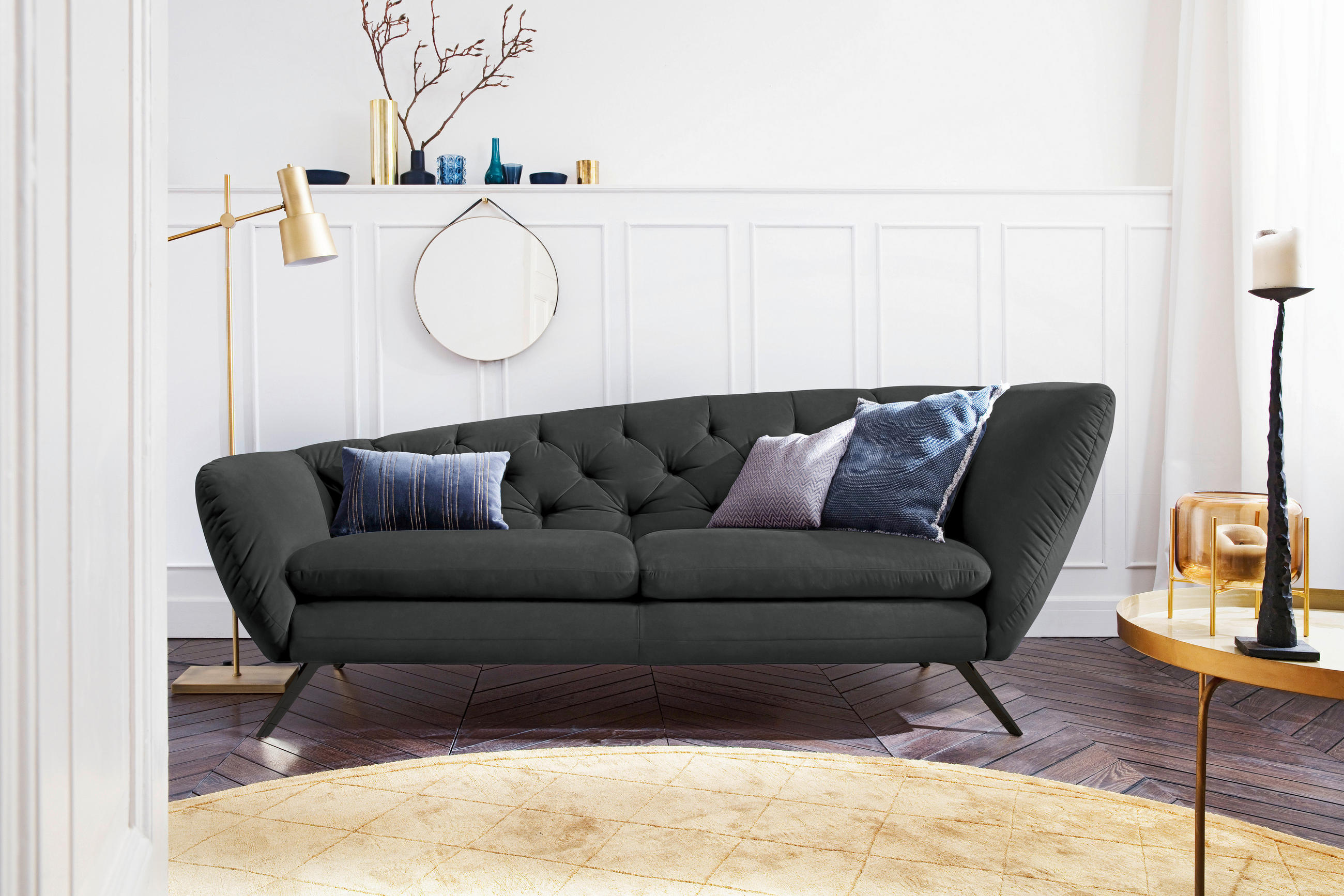 CHESTERFIELD-SOFA Mikrofaser Schwarz, Dunkelgrau  - Dunkelgrau/Schwarz, Design, Textil/Metall (223/84/90cm) - Pure Home Lifestyle