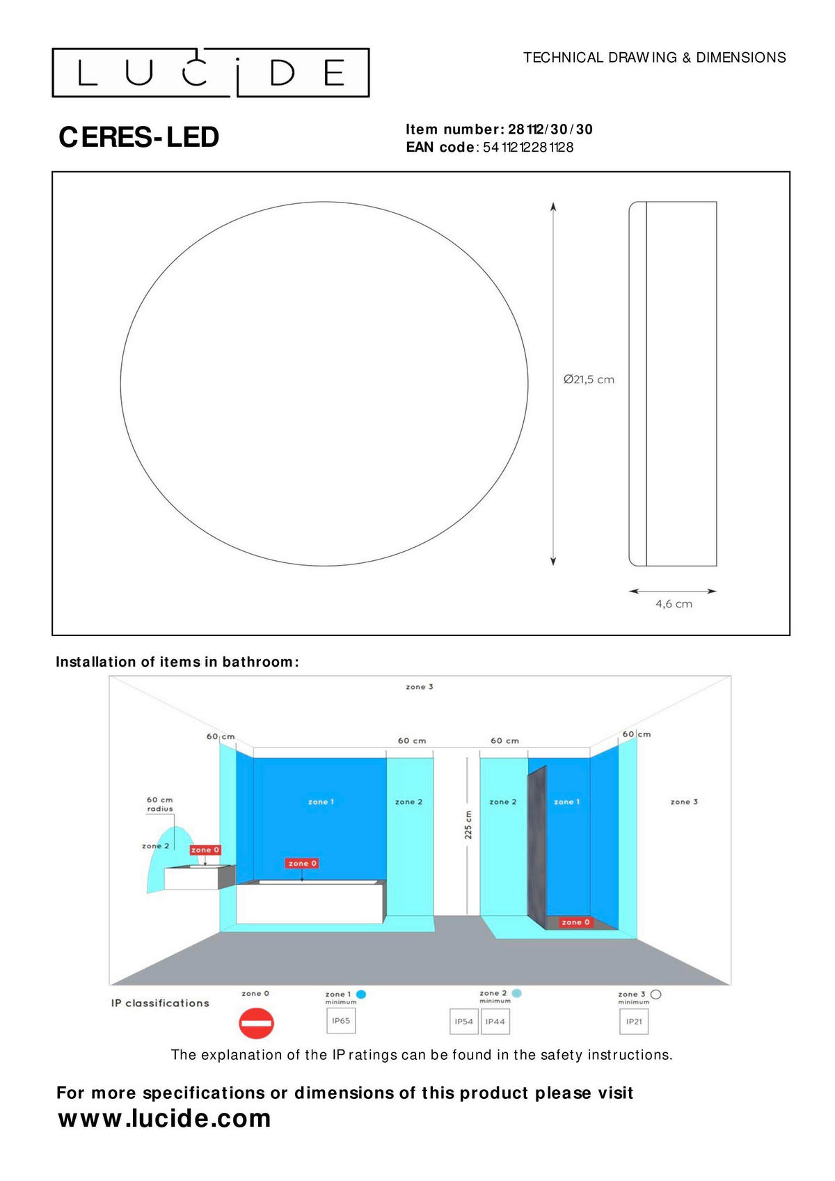 LED-BADEZIMMER-DECKENLEUCHTE - Konventionell, Metall (21.5/21.5/4.6cm) - Lucide