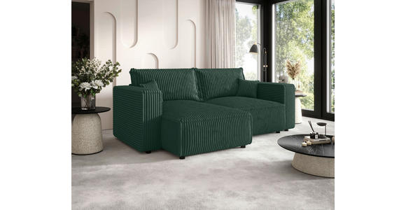 ECKSOFA Dunkelgrün Cord Zierkissen, Rückenkissen, Schlaffunktion, Rücken echt  - Dunkelgrün/Schwarz, MODERN, Kunststoff/Textil (153/250cm) - Xora