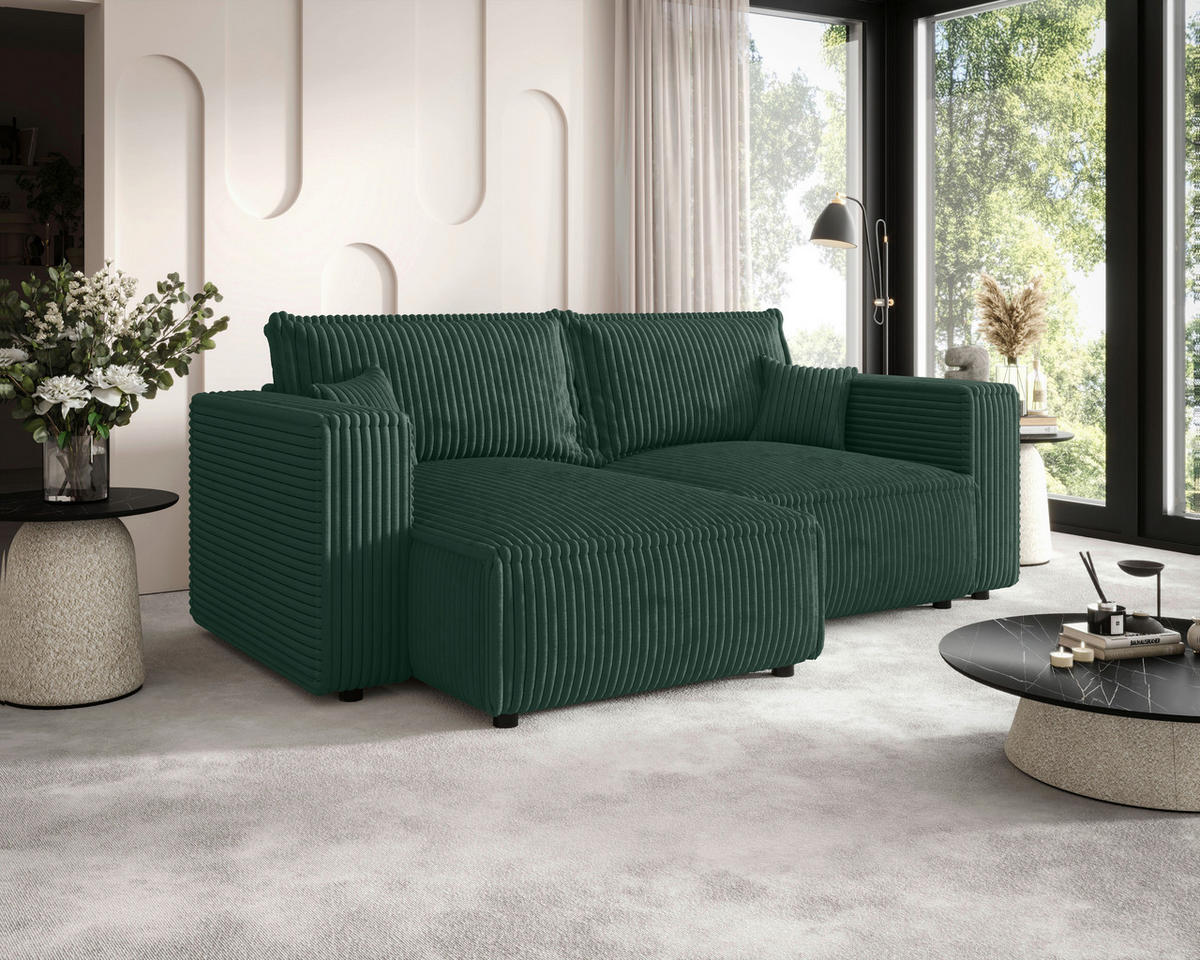 ECKSOFA Dunkelgrün Cord Zierkissen, Rückenkissen, Schlaffunktion, Rücken echt  - Dunkelgrün/Schwarz, MODERN, Kunststoff/Textil (153/250cm) - Xora
