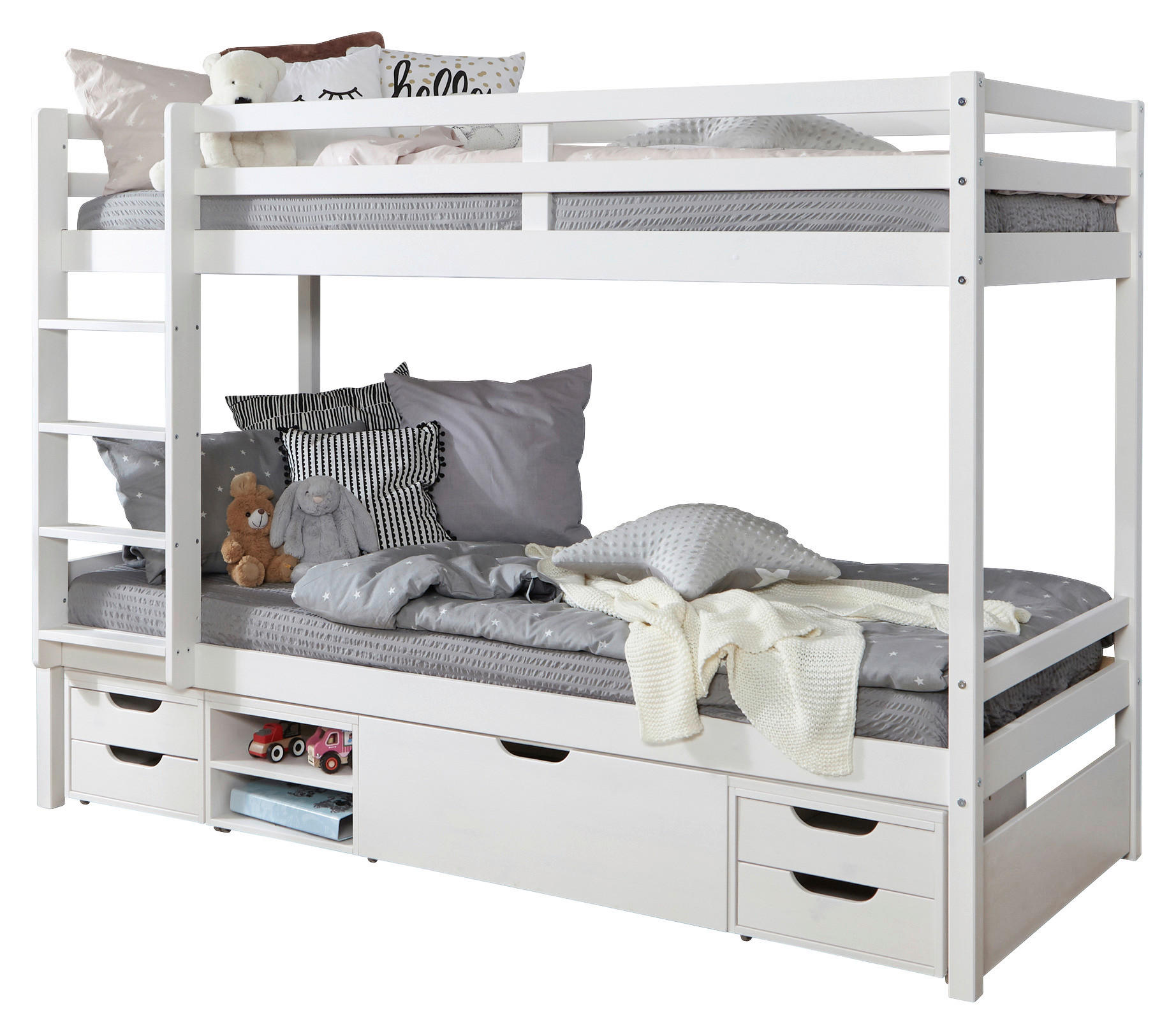 ETAGENBETT 90/200 cm,  in Weiß, Absturzsicherung, Leiter, Bettschublade  - Weiß, MODERN, Holz (90/200cm) - MID.YOU