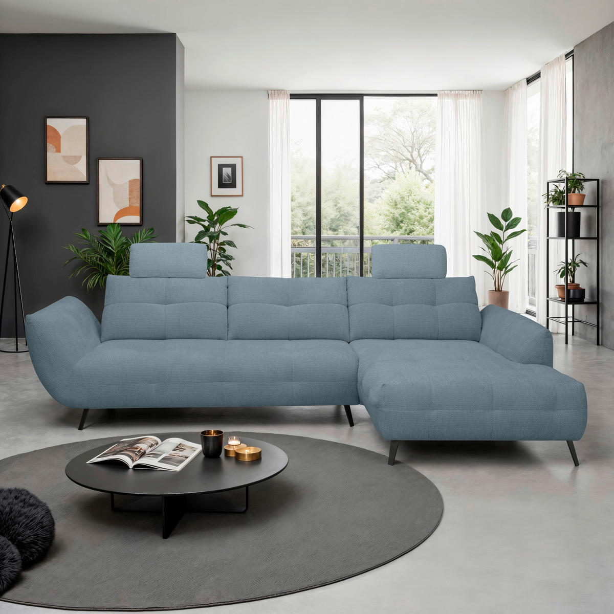 ECKSOFA Blaugrau Chenille Armlehnenkissen, Rücken echt, Sitztiefenverstellung  - Blaugrau/Schwarz, KONVENTIONELL, Textil/Metall (313/215cm) - Hom`in