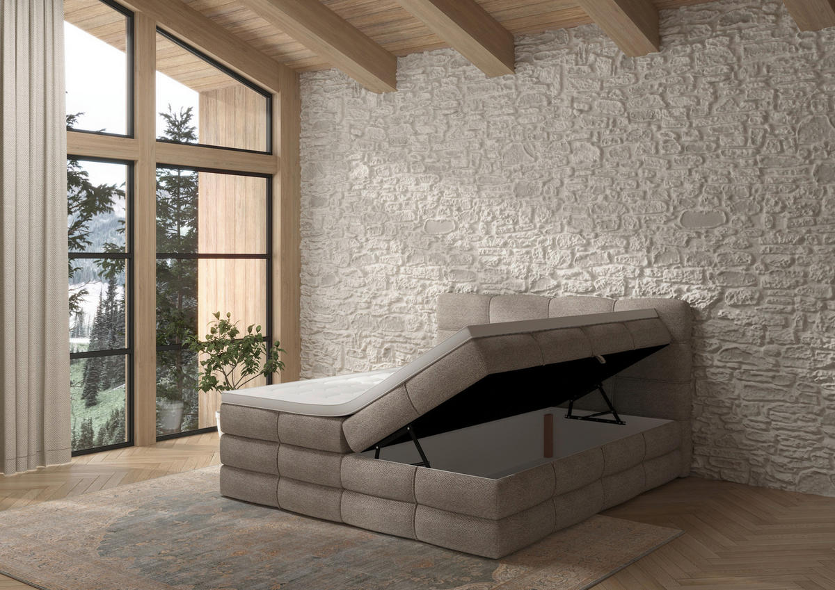 BOXSPRINGBETT 160/200 cm,  in Sandfarben, gepolstertes Kopfteil, Bettkasten, Topper, Matratzen, H3 + H3 = fest  - Sandfarben/Schwarz, Design, Kunststoff/Textil (160/200cm) - Chameo