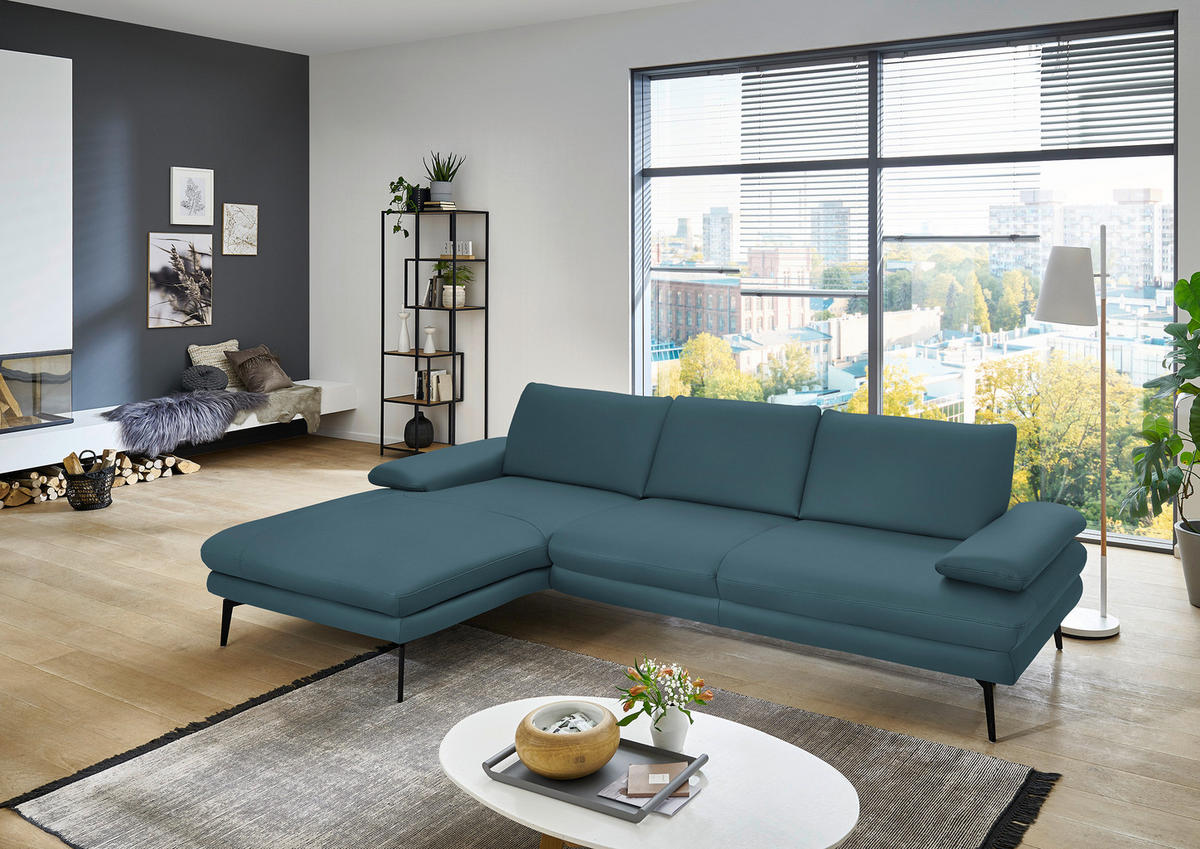 ECKSOFA in Echtleder Blau  - Blau/Schwarz, Design, Leder/Metall (180/310cm) - Dieter Knoll