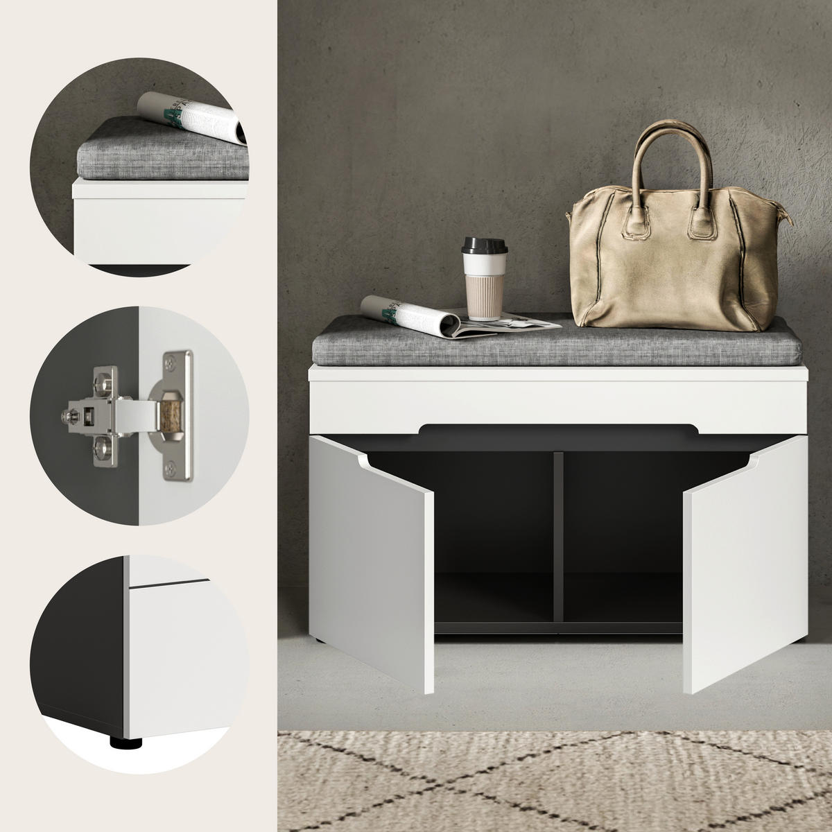 ÜLŐPAD - fekete/fehér, Design, műanyag/faalapú anyag (80/45/37cm) - Livetastic