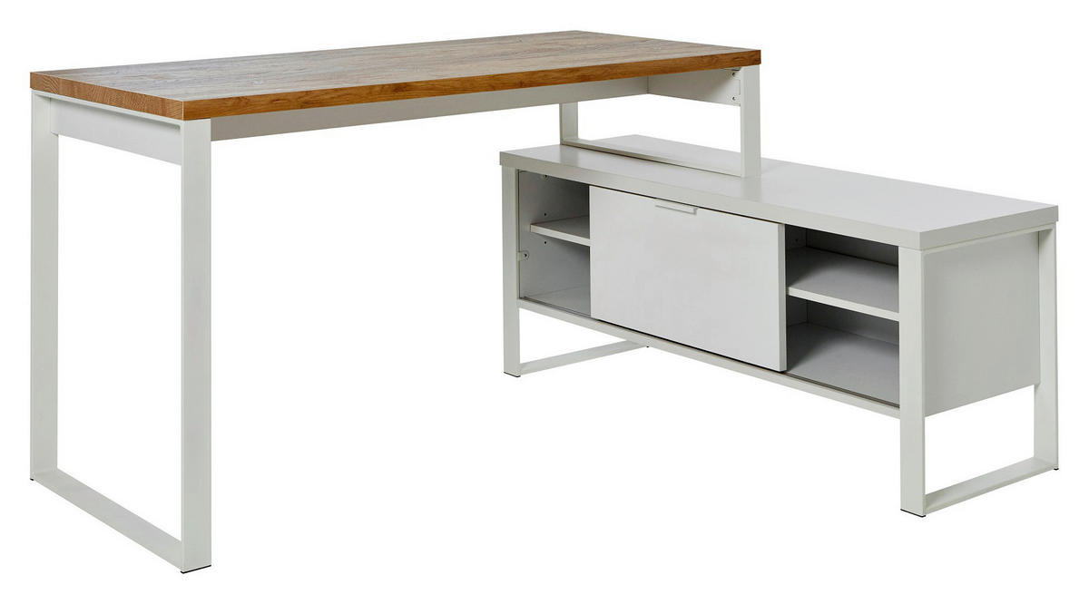 SCHREIBTISCH 147/120/76 cm  in Weiß, Eichefarben  - Eichefarben/Weiß, KONVENTIONELL, Holzwerkstoff/Metall (147/120/76cm) - Livetastic