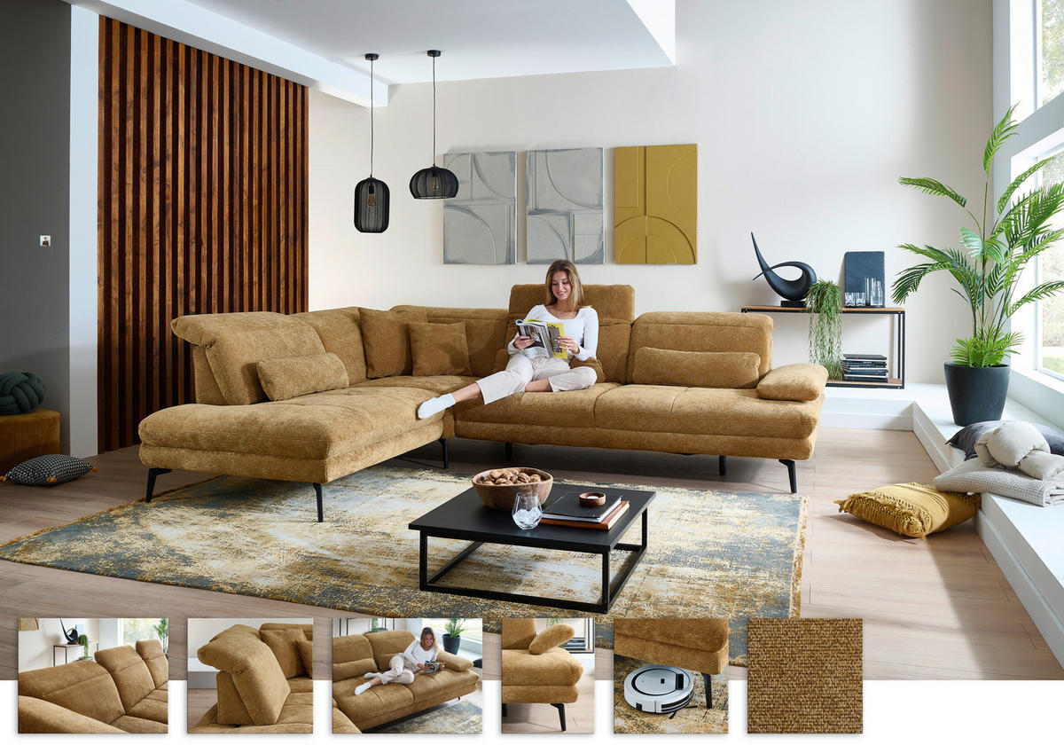 ECKSOFA Beldomo System Dunkelgelb Chenille Rücken echt, Kopfteilverstellung  - Dunkelgelb/Schwarz, Design, Textil/Metall (235/311cm) - Beldomo System