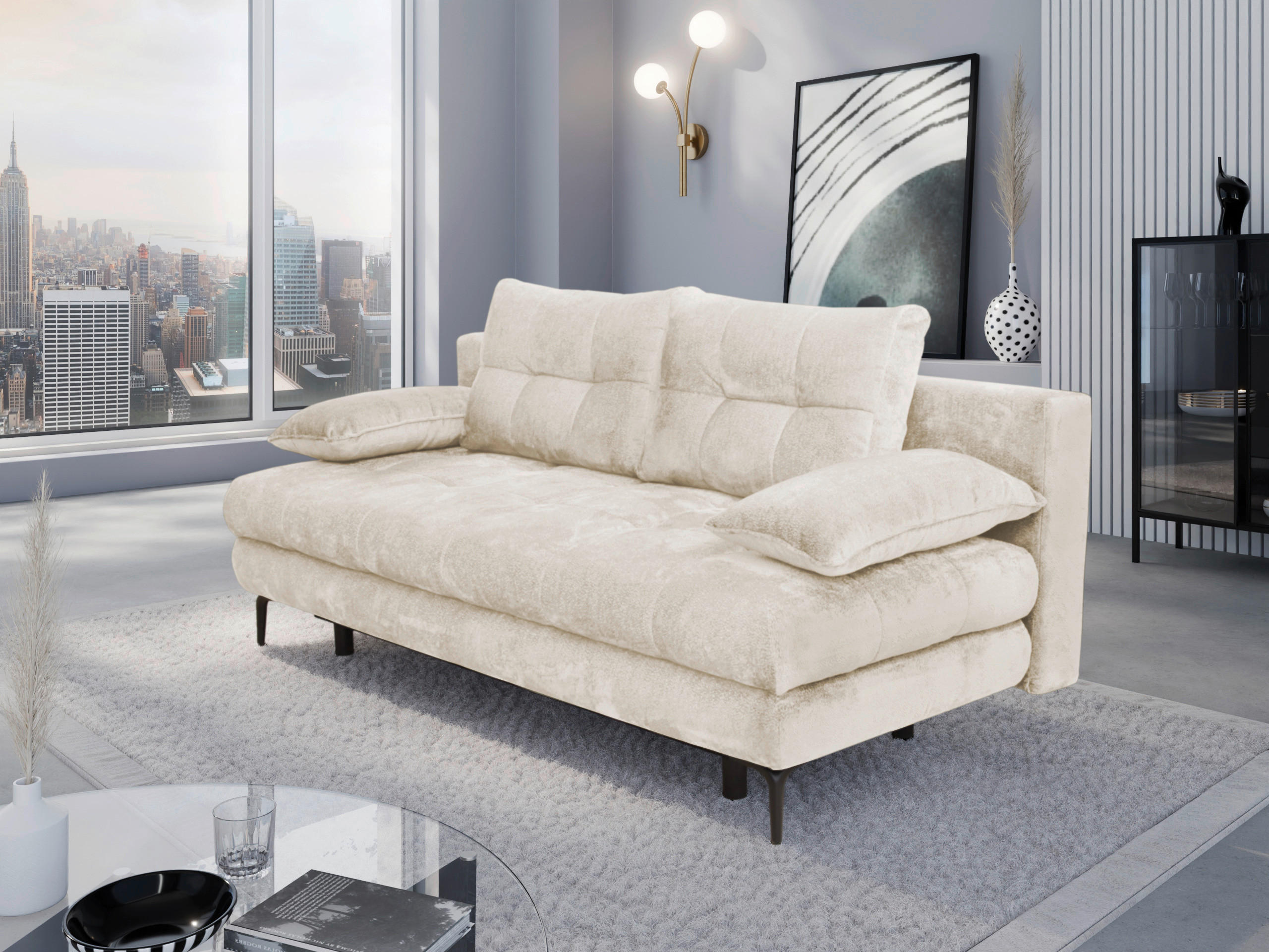 SCHLAFSOFA Chenille Creme  - Creme/Schwarz, KONVENTIONELL, Textil/Metall (203/94/96cm) - Carryhome