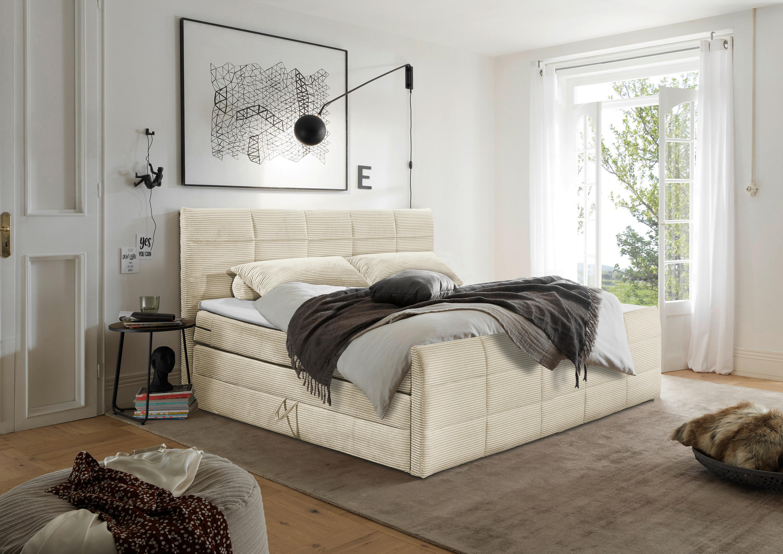 BOXSPRINGBETT 180/200 cm  in Creme  - Creme/Schwarz, MODERN, Holzwerkstoff/Kunststoff (180/200cm) - MID.YOU