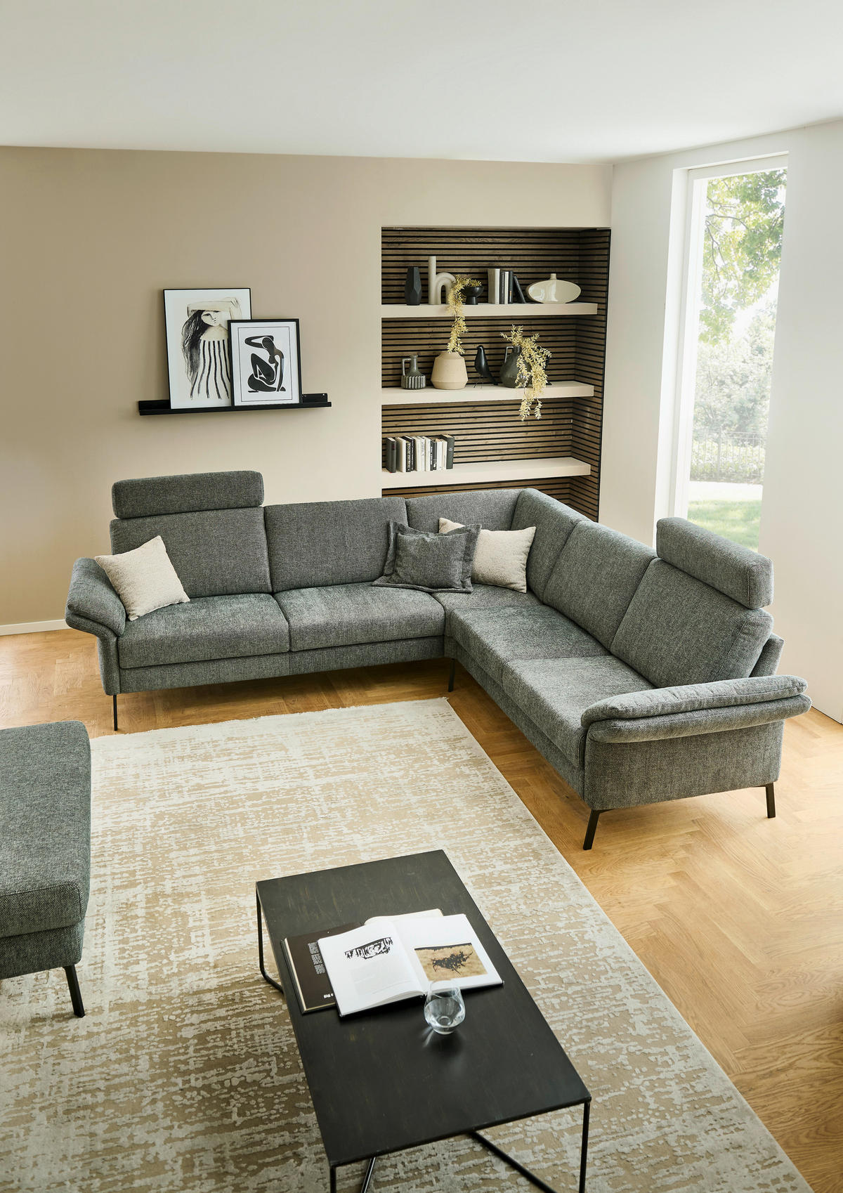 ECKSOFA 269/249 cm  in Chenille Olivgrün Rücken echt  269/249 cm  - Schwarz/Olivgrün, KONVENTIONELL, Textil/Metall (269/249cm) - Pure Home Comfort