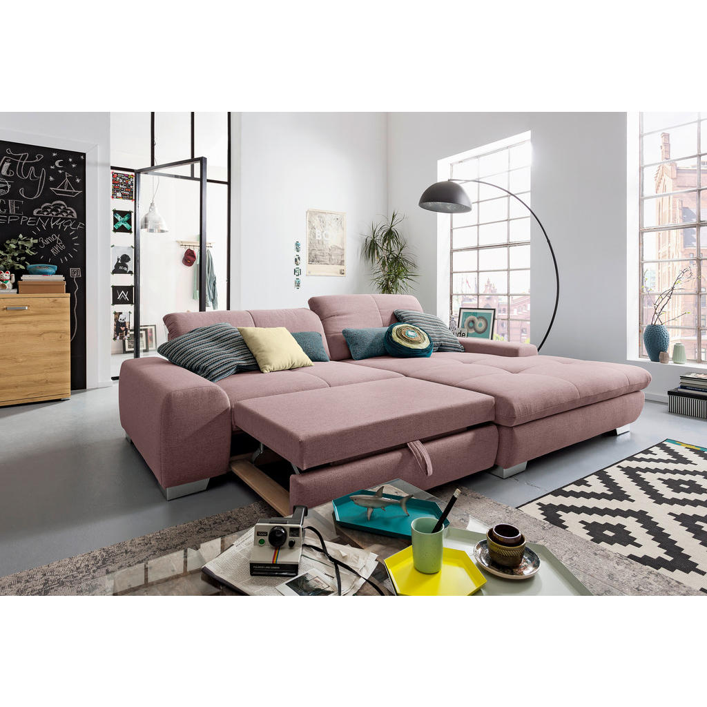 Thumbnail - SetOne by Musterring Ecksofa, Rosa, Textil, 2-Sitzer, Ottomane rechts, L-Form, 276x198 cm, Bettkasten erhältlich, Fußaus...