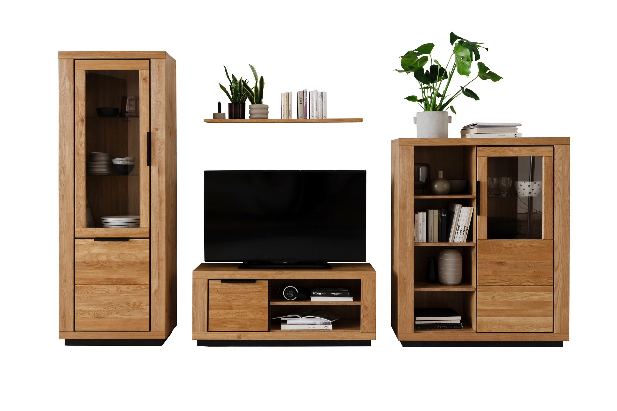 WOHNWAND 4-teilig  in Wildeiche  346/200/54 cm  - Wildeiche/Schwarz, Design, Glas/Holz (346/200/54cm) - MID.YOU