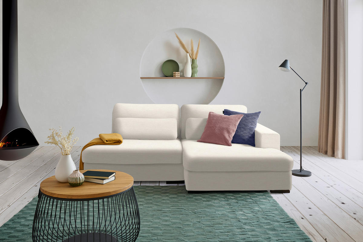 ECKSOFA in Cord, Velours Ecru  - Ecru/Schwarz, Design, Kunststoff/Textil (223/158cm) - Lomoco