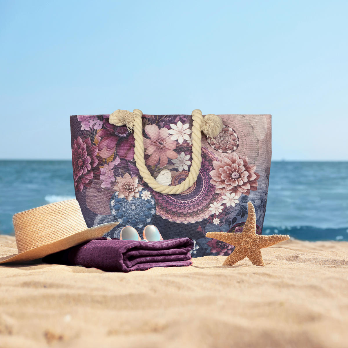 STRANDTASCHE - Bordeaux/Multicolor, Basics, Textil (60/43cm)