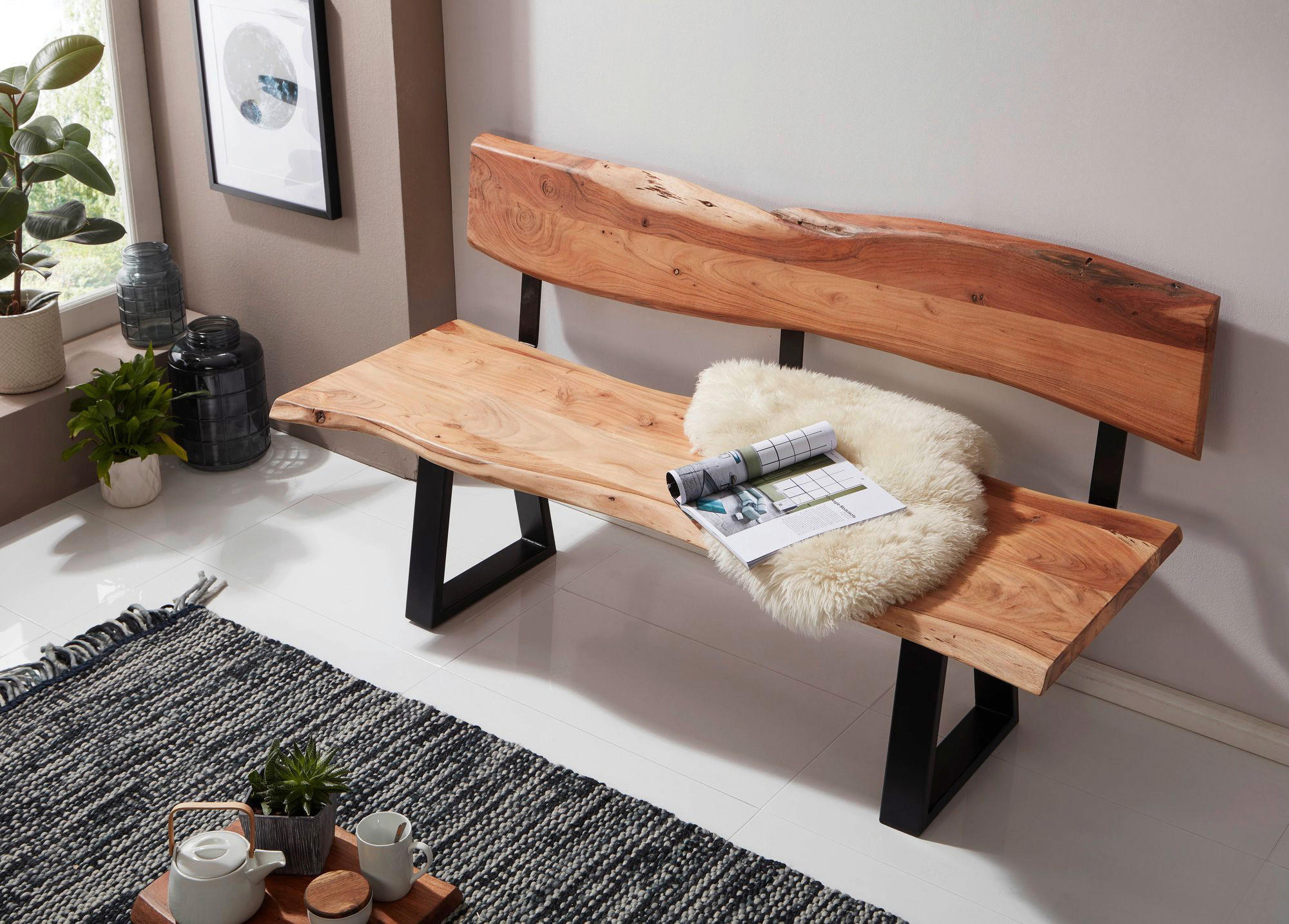 SITTBÄNK i trä akaciefärgad  - svart/akaciefärgad, Modern, metall/trä (160/83,5/60cm) - MID.YOU