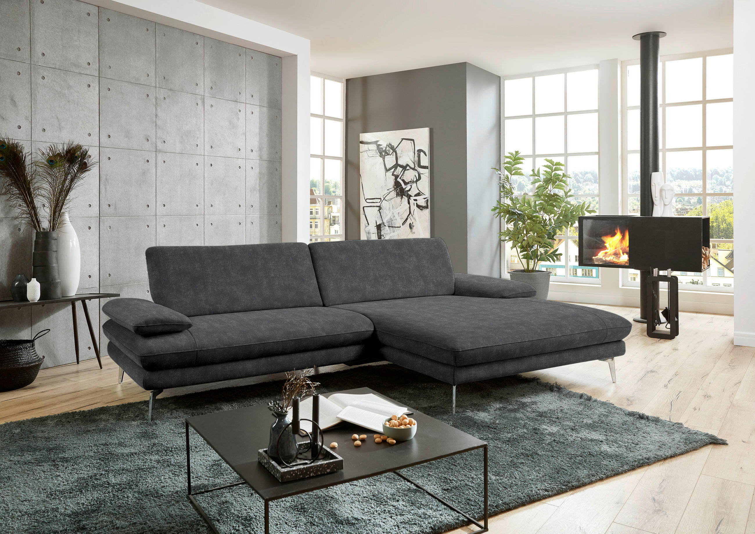 ECKSOFA in Velours Anthrazit  - Anthrazit/Schwarz, Design, Textil/Metall (284/184cm) - Dieter Knoll