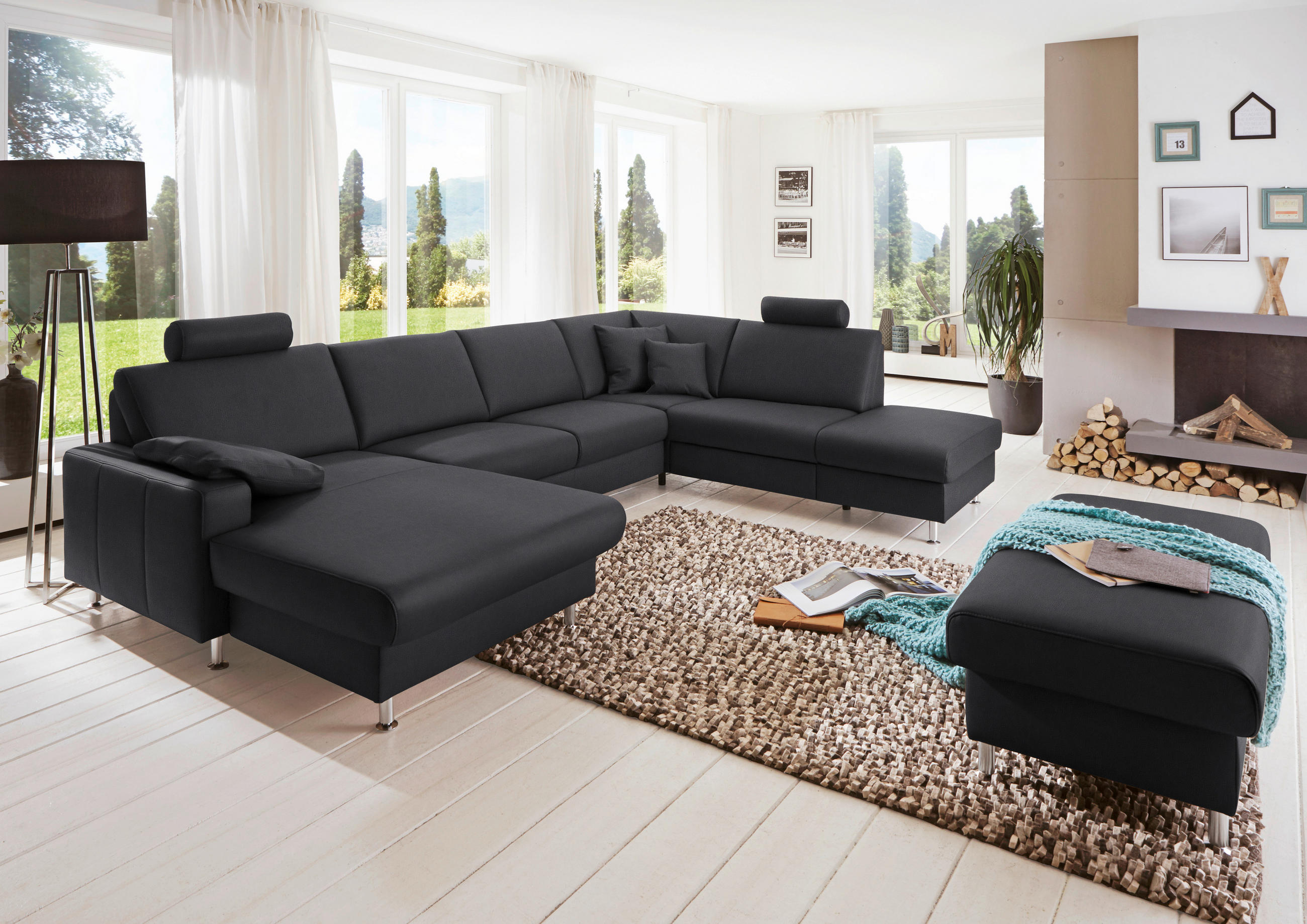 WOHNLANDSCHAFT in Echtleder Anthrazit  - Anthrazit/Alufarben, Design, Leder/Metall (165/339/233cm) - Beldomo Premium