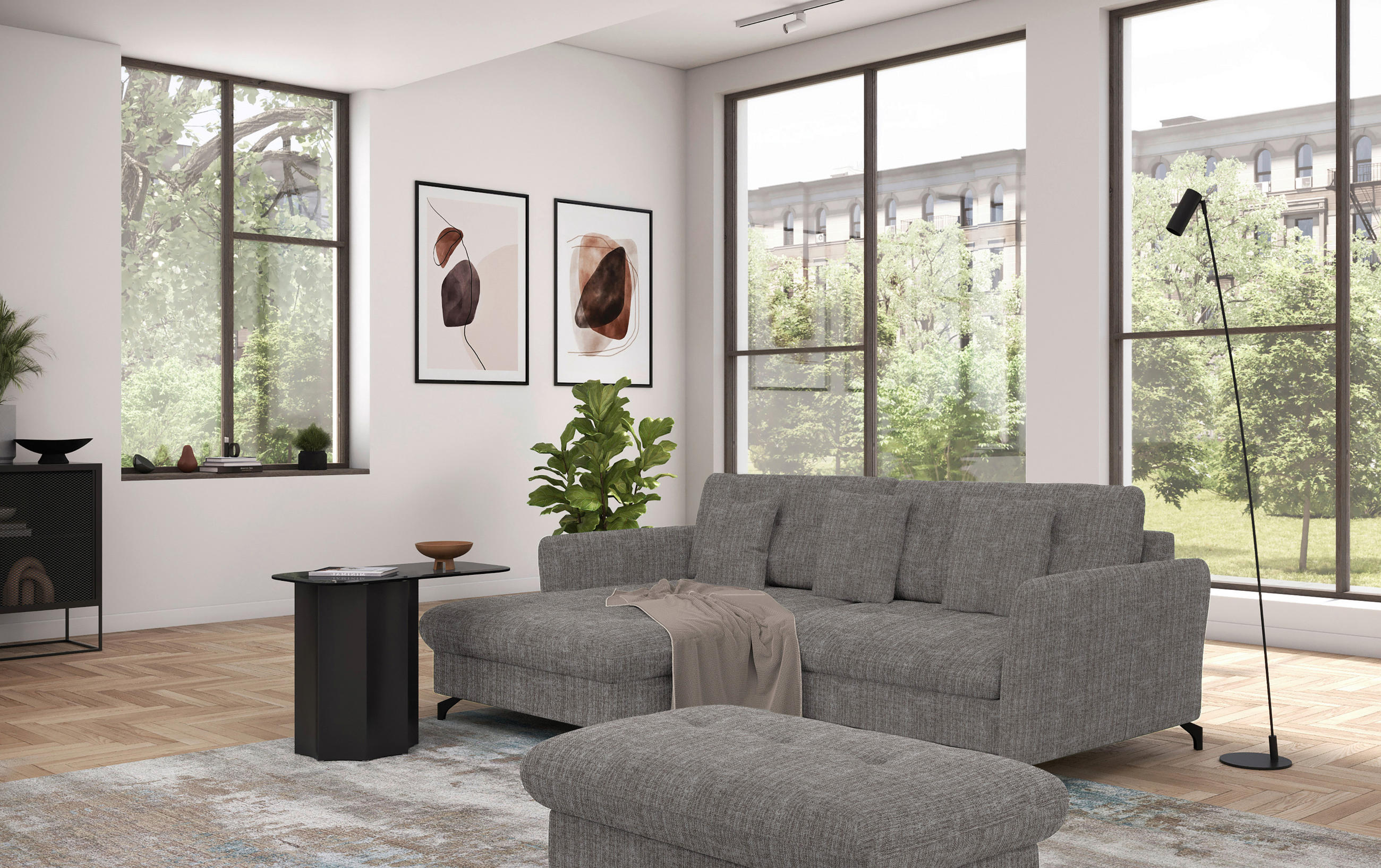 ECKSOFA in Flachgewebe, Leinenoptik Taupe  - Taupe/Schwarz, Design, Textil/Metall (170/242cm) - Xora