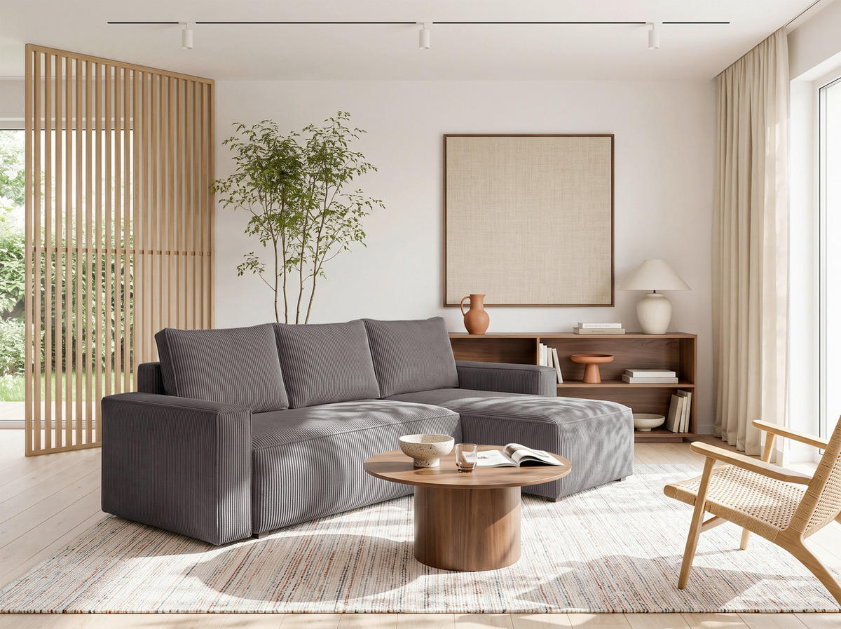 ECKSOFA Grau Cord Rückenkissen, Bettkasten, Schlaffunktion, Rücken echt, Liegefläche im Originalstoff  - Schwarz/Grau, MODERN, Kunststoff/Textil (232/140cm) - Xora