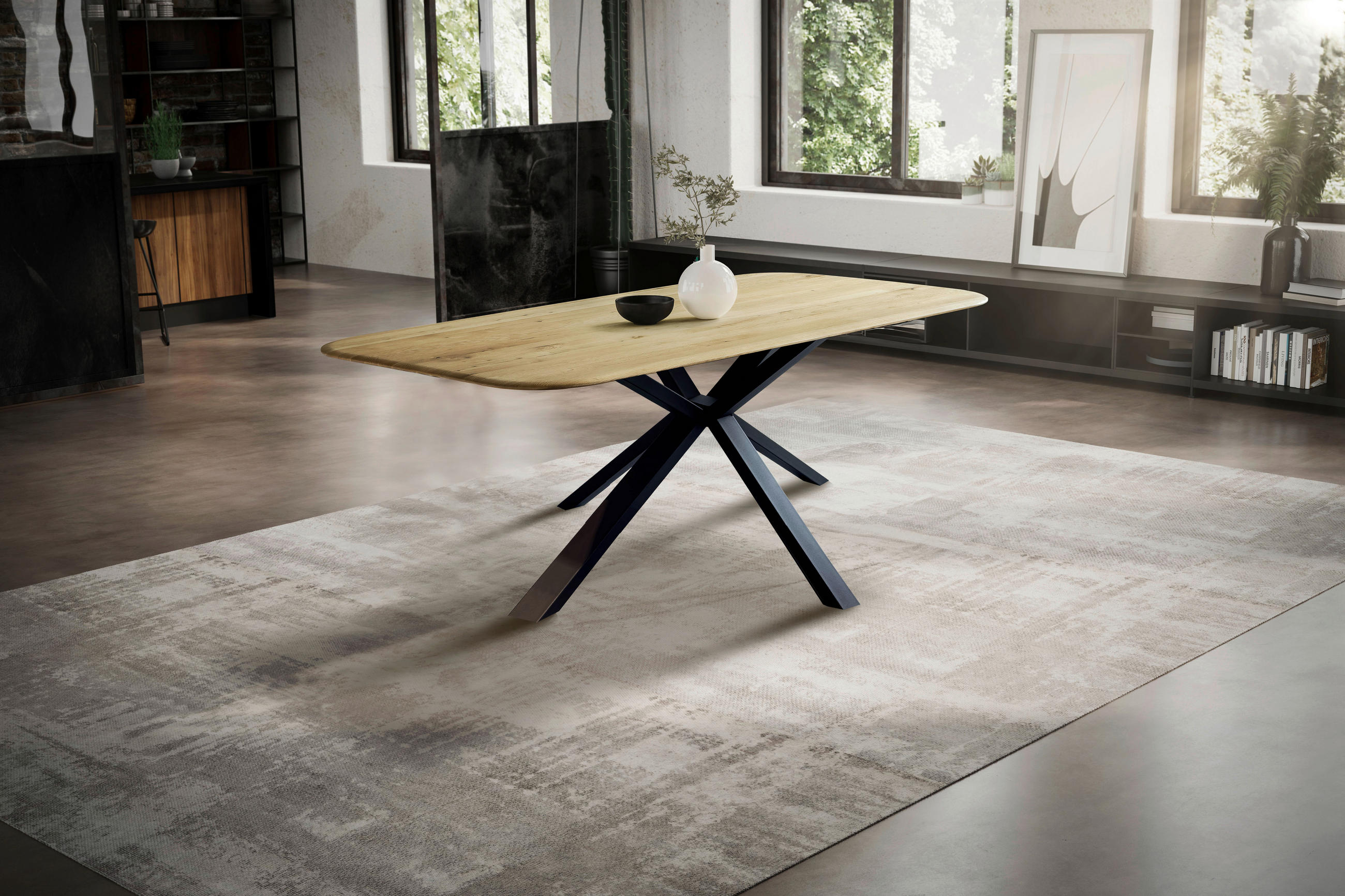ESSTISCH Eiche massiv rechteckig Schwarz, Eichefarben  - Eichefarben/Schwarz, LIFESTYLE, Holz/Metall (200/100/75cm) - Linea Natura