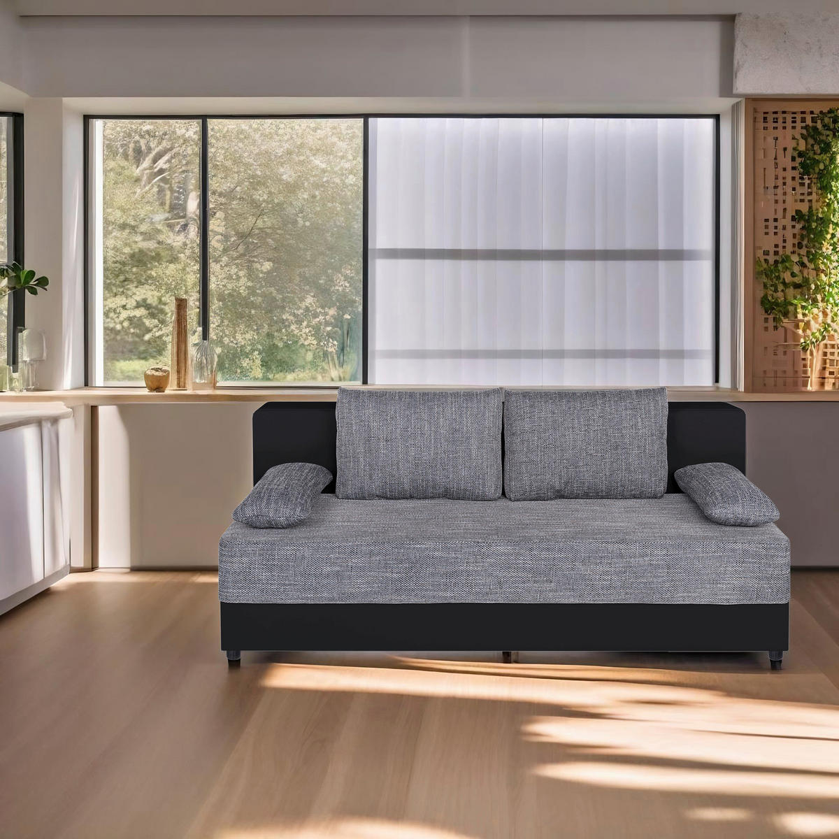 SCHLAFSOFA  mit Schlafen auf Sitzhöhe Lederlook, Webstoff Grau, Schwarz  - Schwarz/Grau, Design, Kunststoff/Textil (200/90/103cm) - P & B