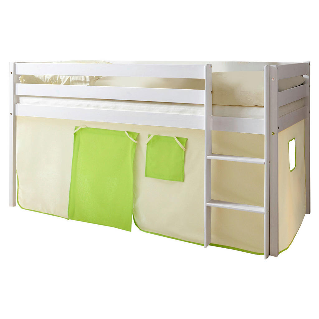 Kinderbett Malte 90x200cm Holz Massiv Weiß/grün Mit Vorhang