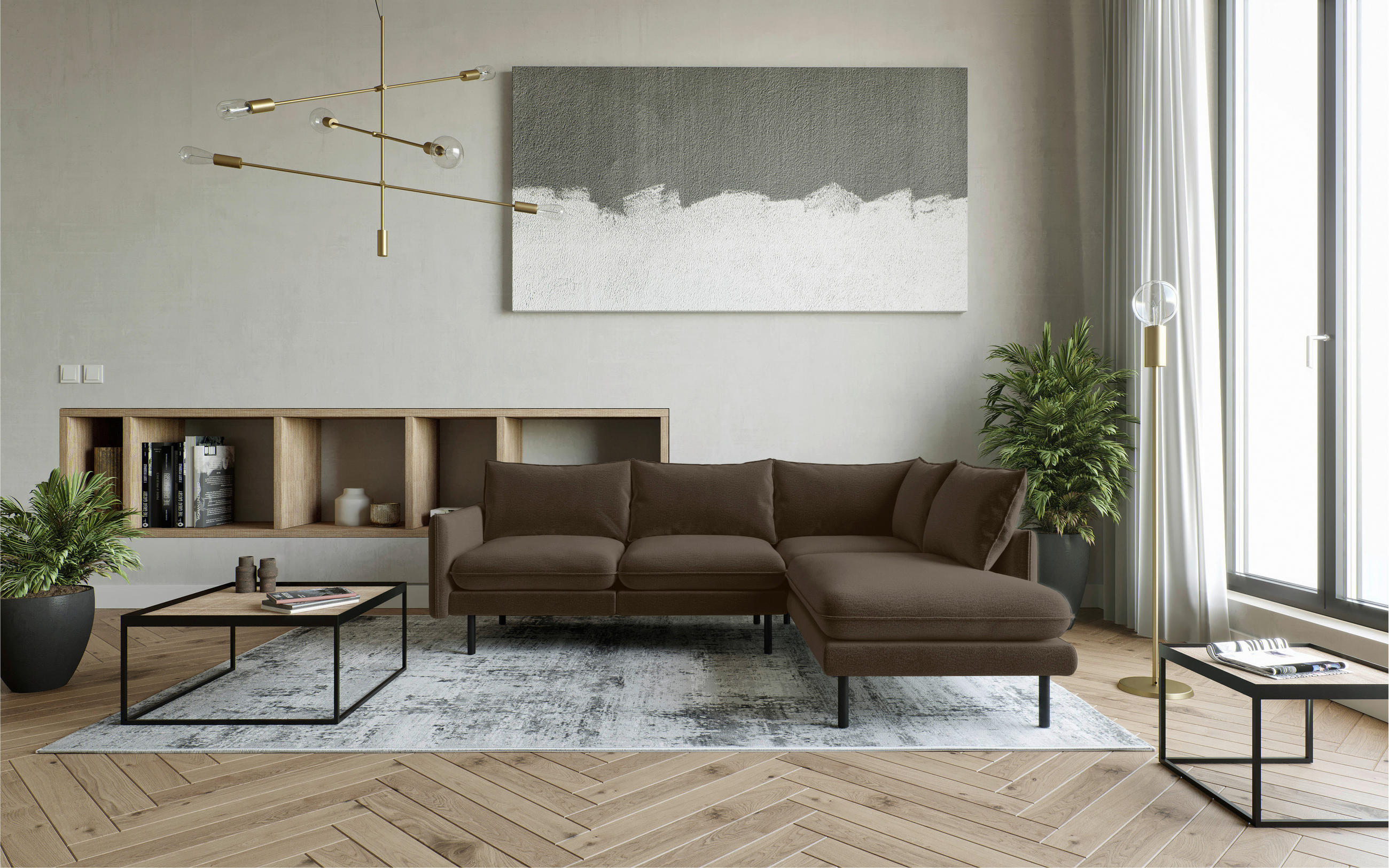 ECKSOFA Braun Flachgewebe  - Edelstahlfarben/Braun, Design, Textil/Metall (267/204cm) - Livetastic