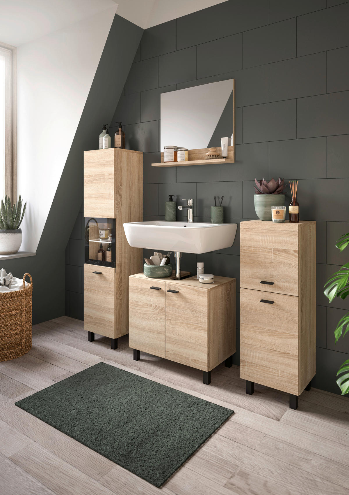 BADEZIMMER 4-teilig  in 117 cm  - Schwarz/Sonoma Eiche, MODERN, Glas/Holzwerkstoff (117cm) - MID.YOU