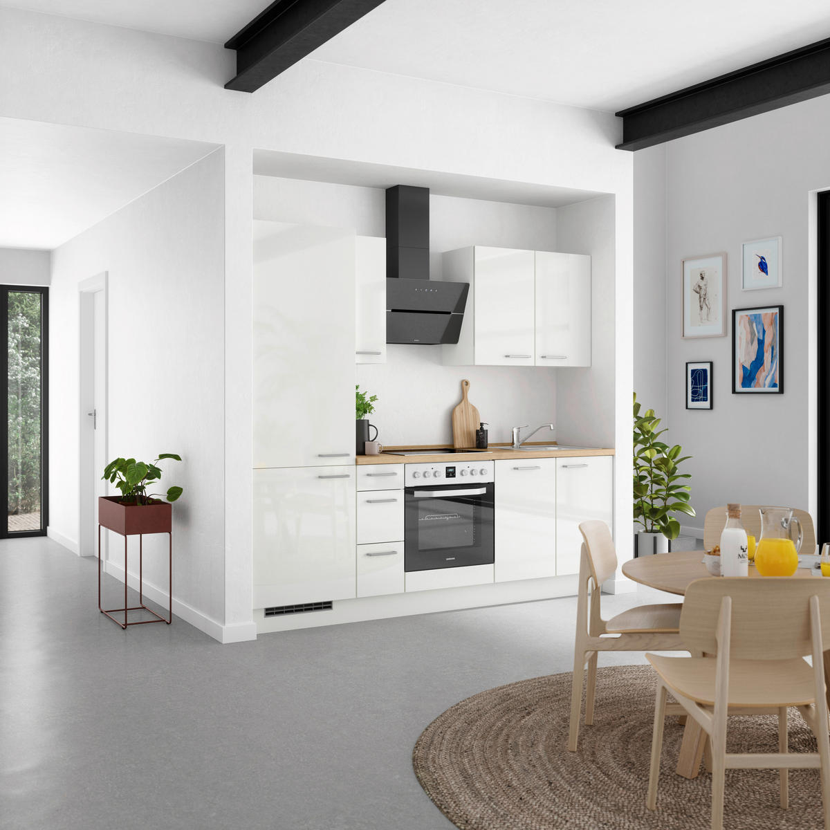 KÜCHENLEERBLOCK 240 cm   in Eichefarben, Weiß Hochglanz  - Edelstahlfarben/Eichefarben, MODERN, Holzwerkstoff/Metall (240cm) - Nobilia