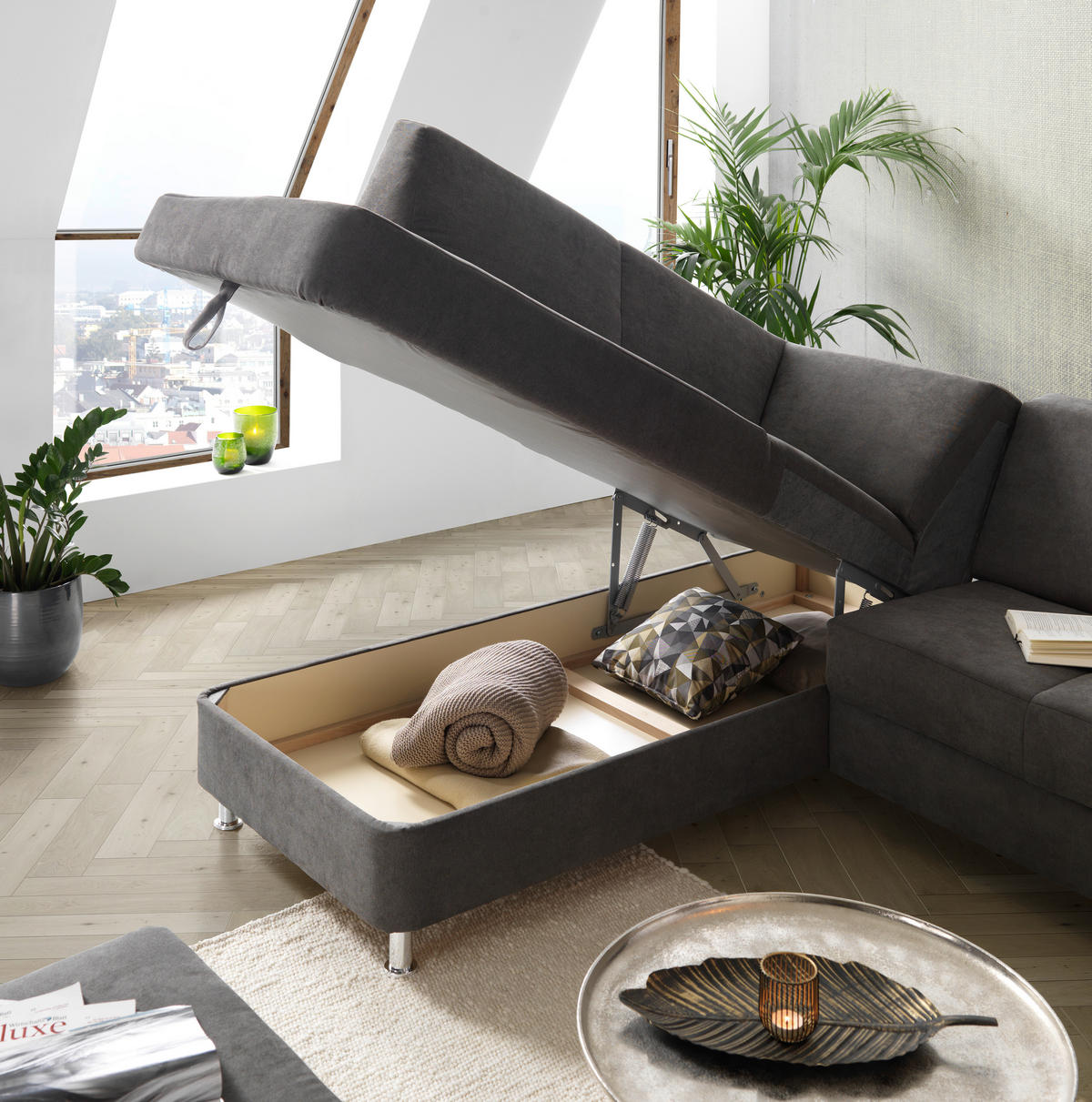 ECKSOFA in Flachgewebe Grau  256/198 cm  - Chromfarben/Grau, Design, Textil/Metall (256/198cm) - Xora