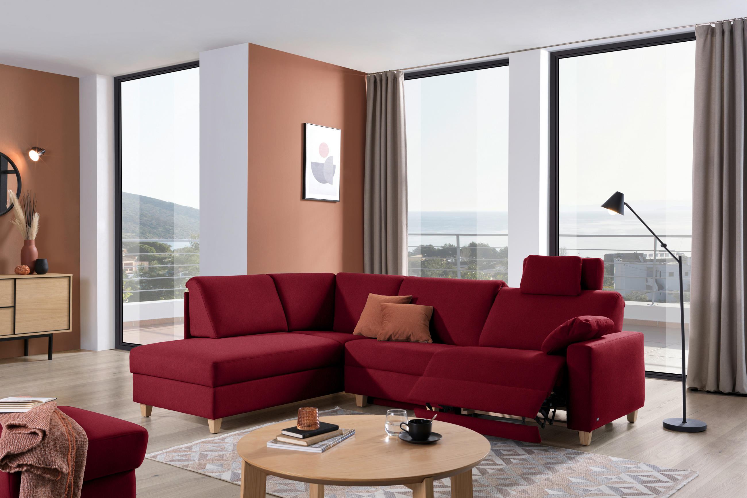 ECKSOFA in Flachgewebe Rot  203/261 cm  - Eichefarben/Rot, KONVENTIONELL, Holz/Textil (203/261cm) - Sedda