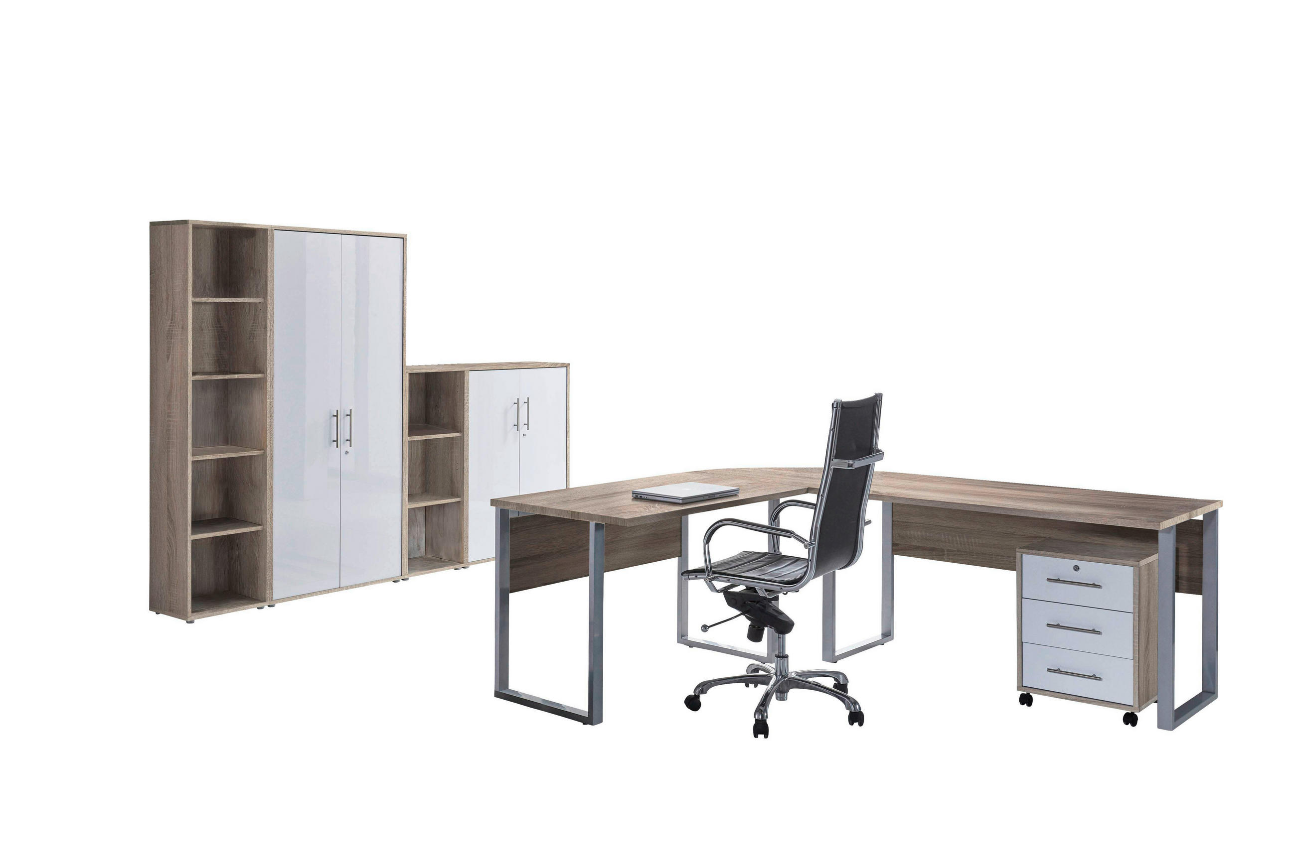 BÜRO erweiterbar, in verschiedenen Holz-Dekoren erhältlich, Schreibtisch seitenverkehrt montierbar, abschließbar Sonoma Eiche, Weiß Hochglanz - Weiß Hochglanz/Sonoma Eiche, MODERN, Holzwerkstoff - MID.YOU