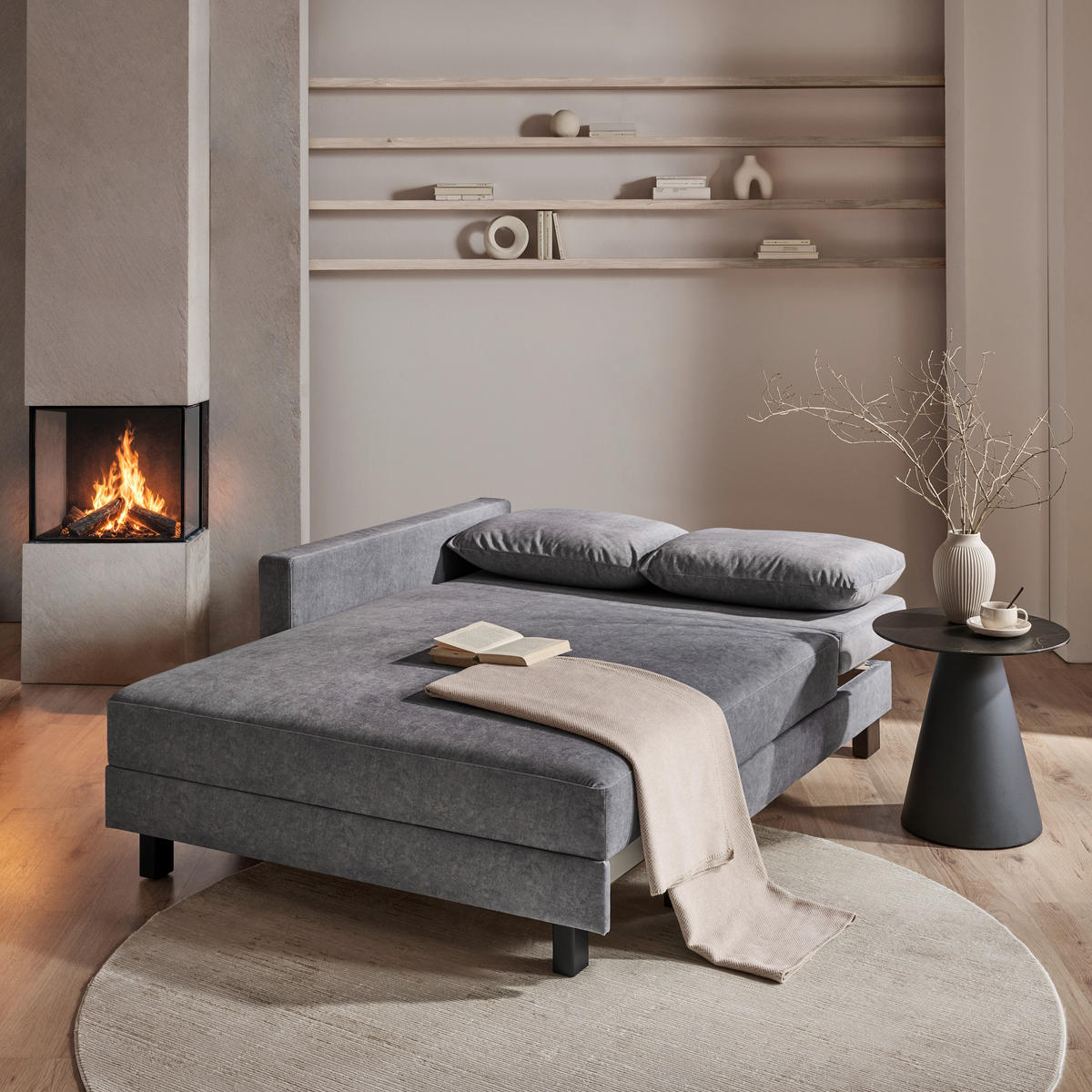 LIEGE in Velours Grau  - Eiche dunkel/Grau, MODERN, Holz/Textil (137/72/155cm) - Joka