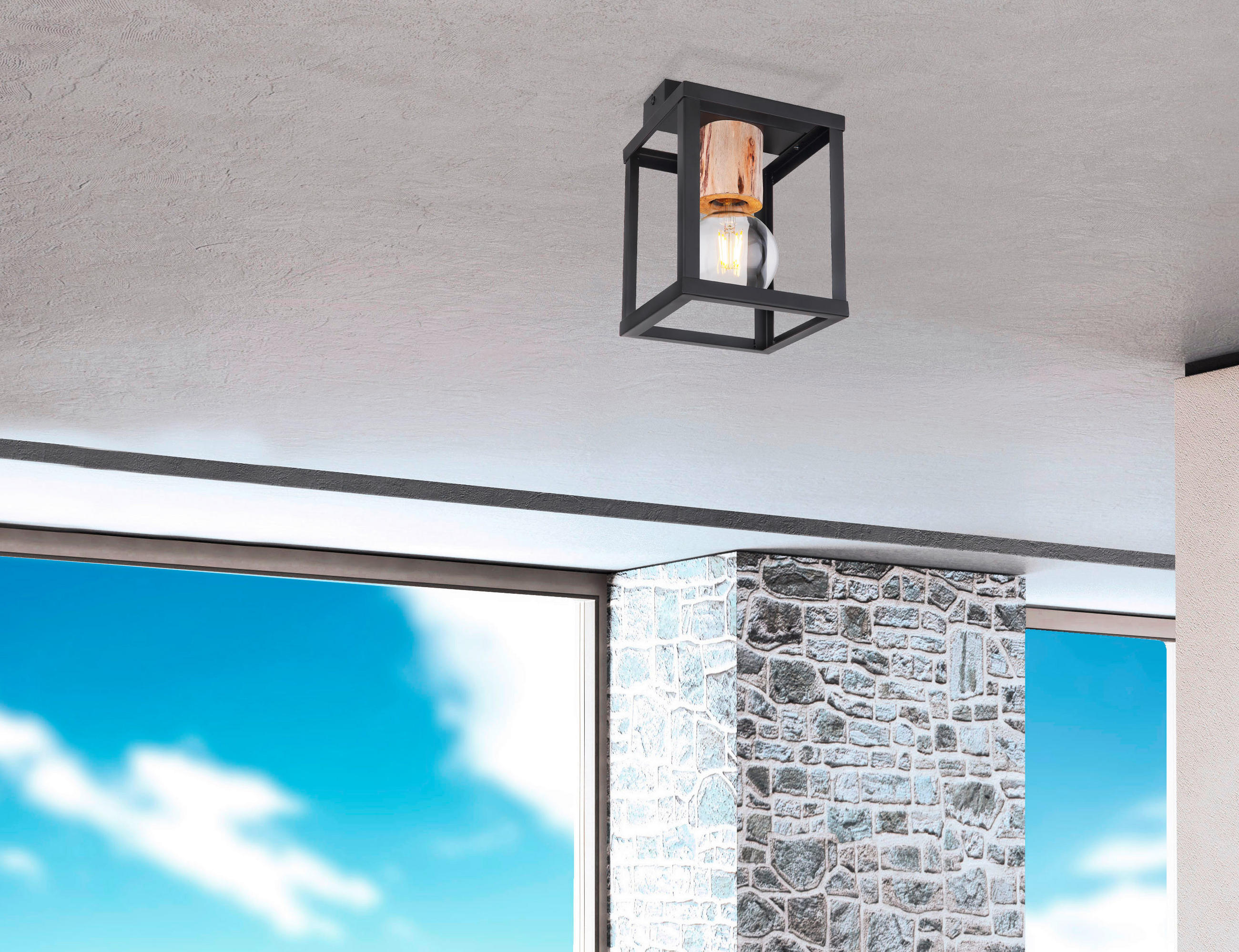 DECKENLEUCHTE 17/17/22,5 cm   - Schwarz/Naturfarben, Design, Holz/Metall (17/17/22,5cm) - Globo