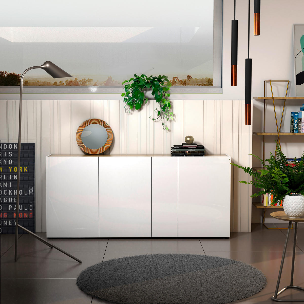 ŠIROKÁ KOMODA, barvy dubu, vysoce lesklá bílá, 203/92/40 cm - barvy dubu/černá, Design, kompozitní dřevo/plast (203/92/40cm) - Xora